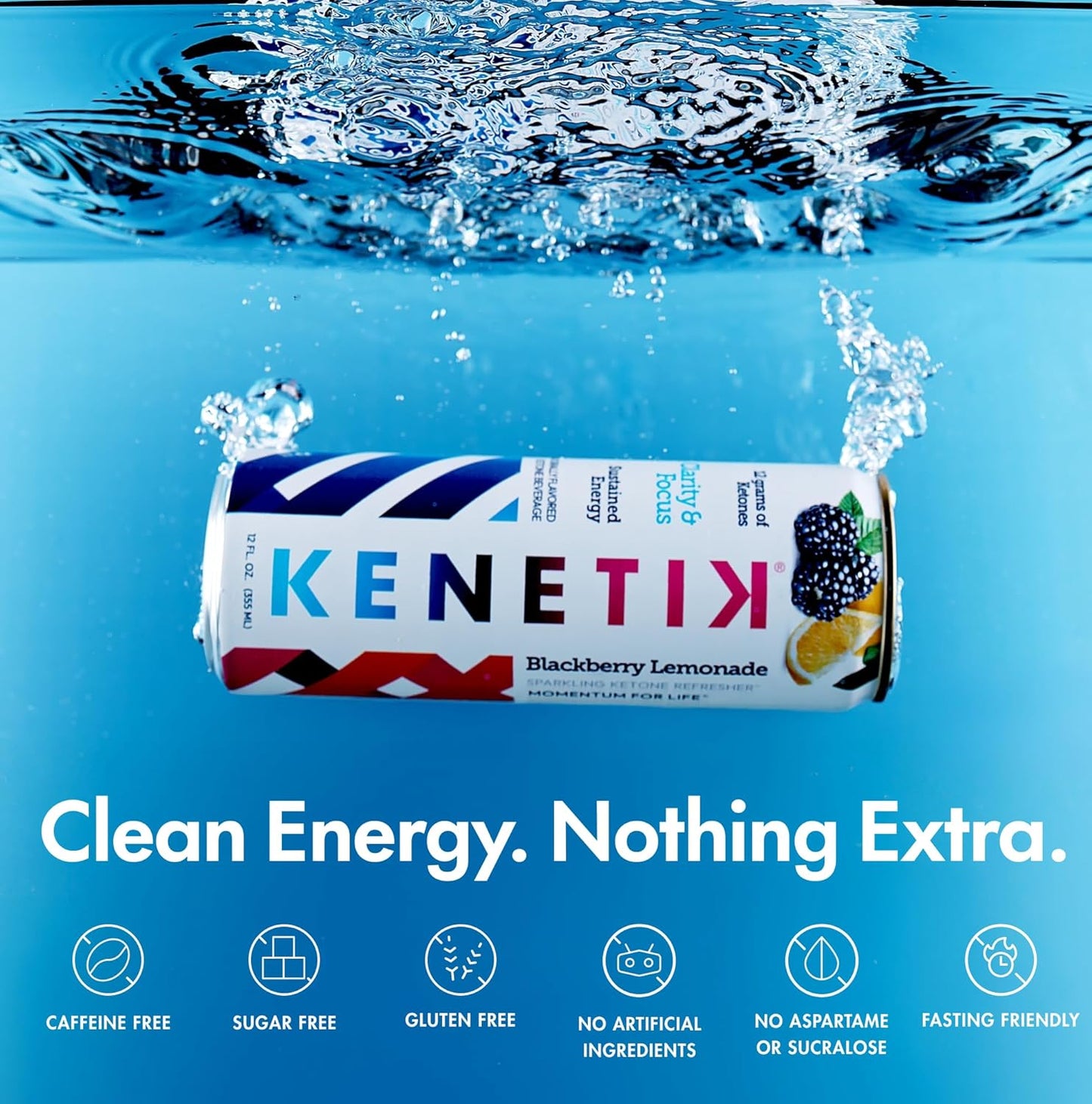 KENETIK Nootropic Ketone Drink, Ketones for Energy & Focus, Caffeine & Sugar Free, High Performance D-BHB Ketone Mix, Fuel w/Zero Crash or Jitters, Ready to Drink - Blackberry Lemonade 12 Pk