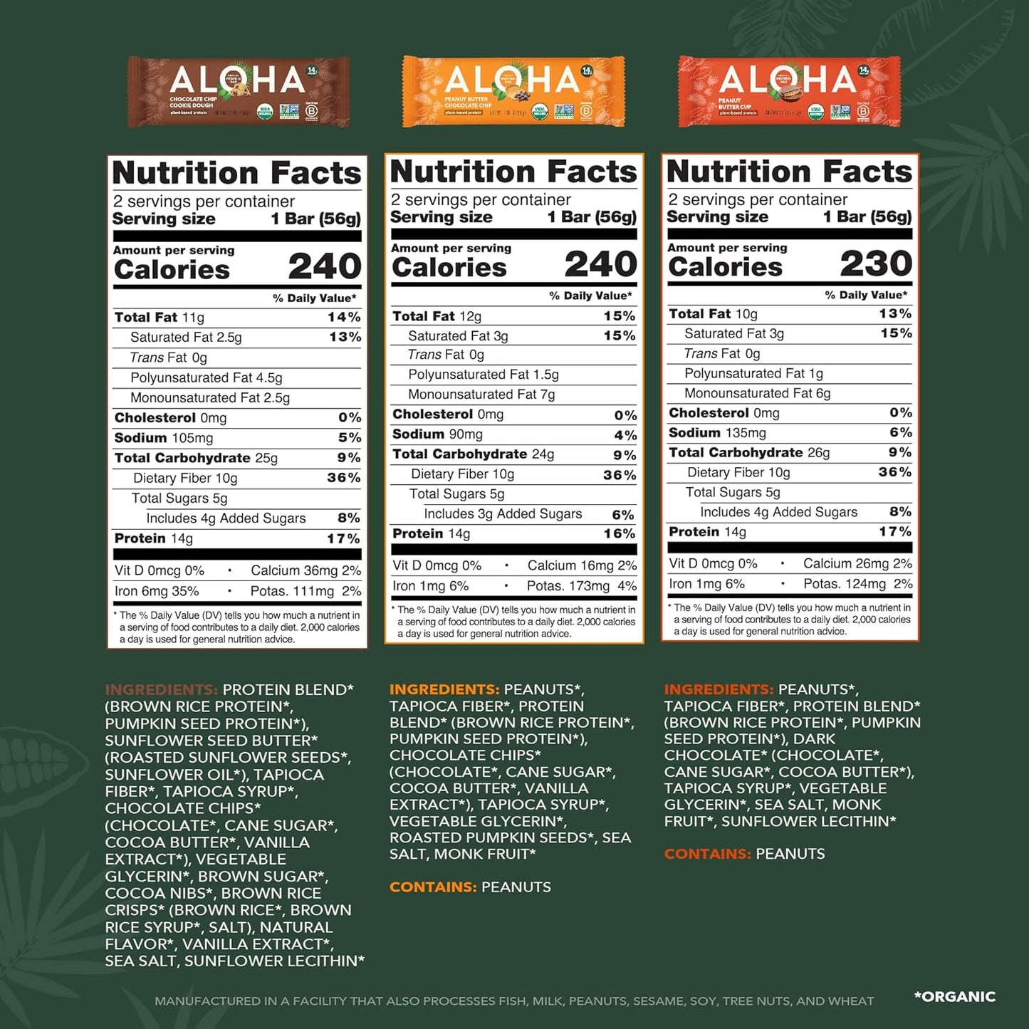 ALOHA Organic Plant Based Protein Bars - 3 Flavor Variety Pack - 12 Count, 1.98oz Bars - Vegan Snacks, Low Sugar, Gluten-Free, Low Carb, Paleo, Non-GMO, Stevia-Free, No Sugar Alcohol Sweeteners