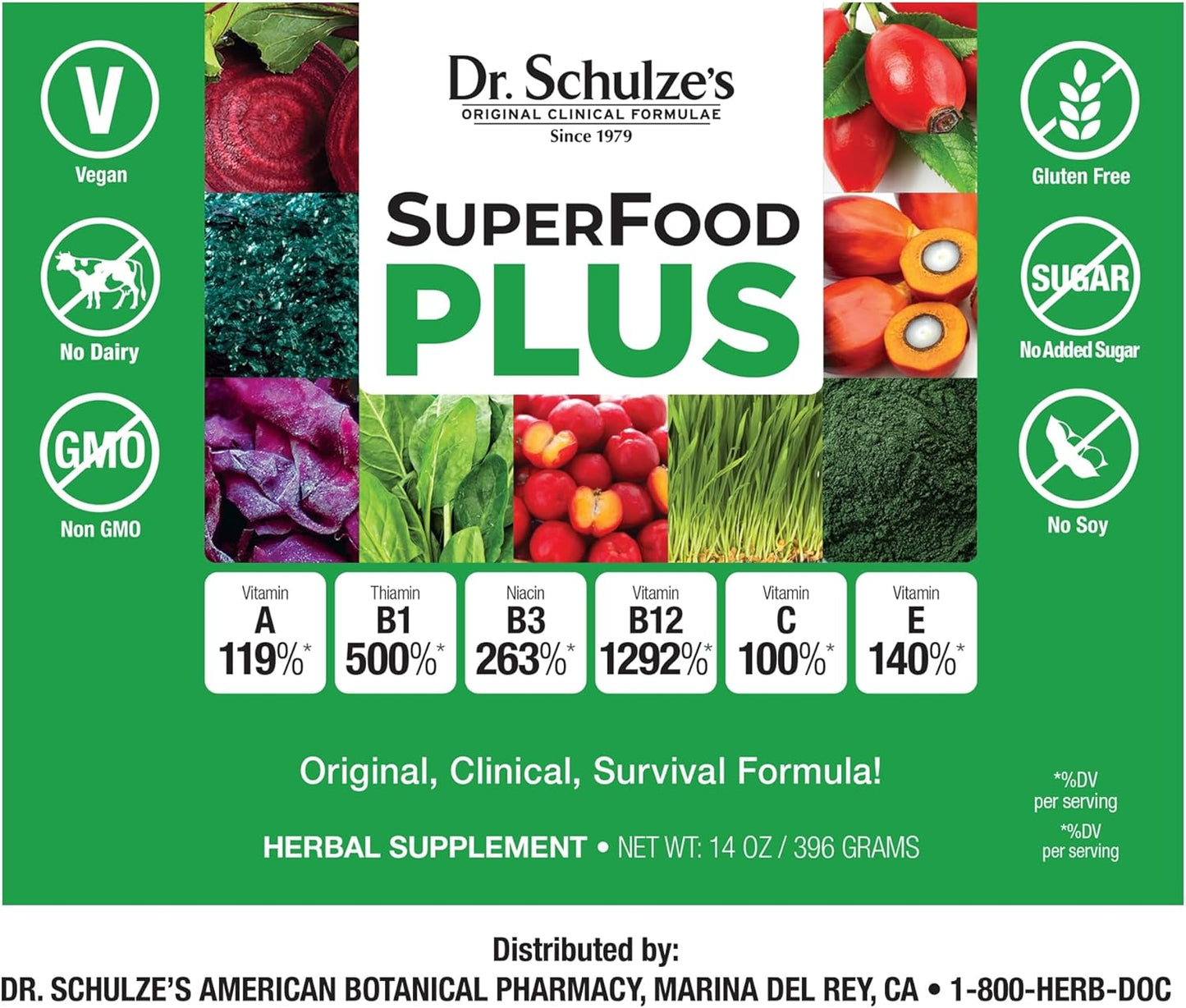 Dr. Schulze’s SuperFood Plus | Vitamin and Mineral Herbal Concentrate | Daily Nutrition | Gluten-Free and Non-GMO | Vegan | 14 Ounce Powder | Packaging May Vary
