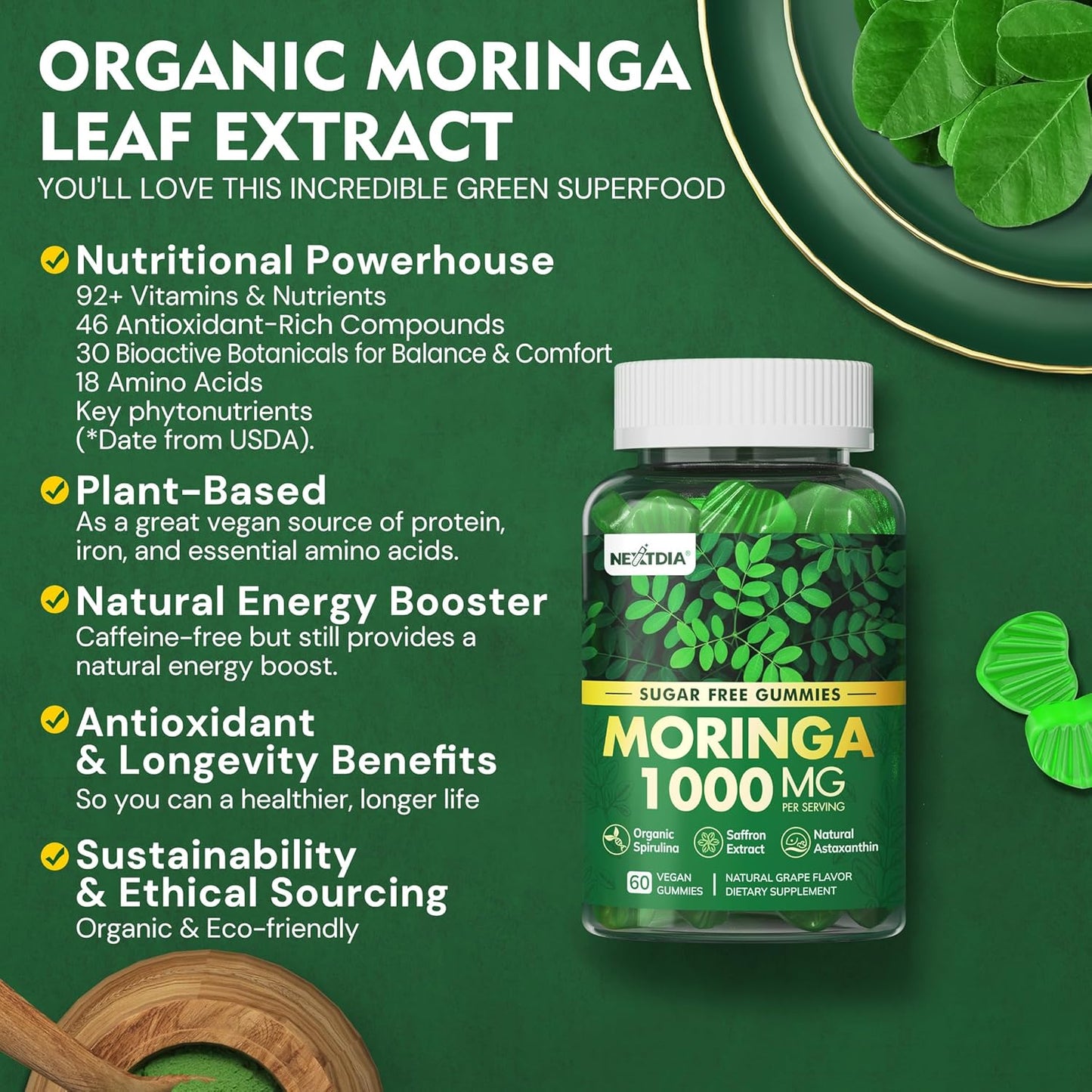 Organic Moringa Gummies 1000mg - Whole Food Green Superfood, Rich in Vegan Protein, Fiber, B-Complex, Potassium, Magnesium, Calcium - w/Spirulina, Saffron, Ashwagandha for Energy & Gut Health, 120Cts