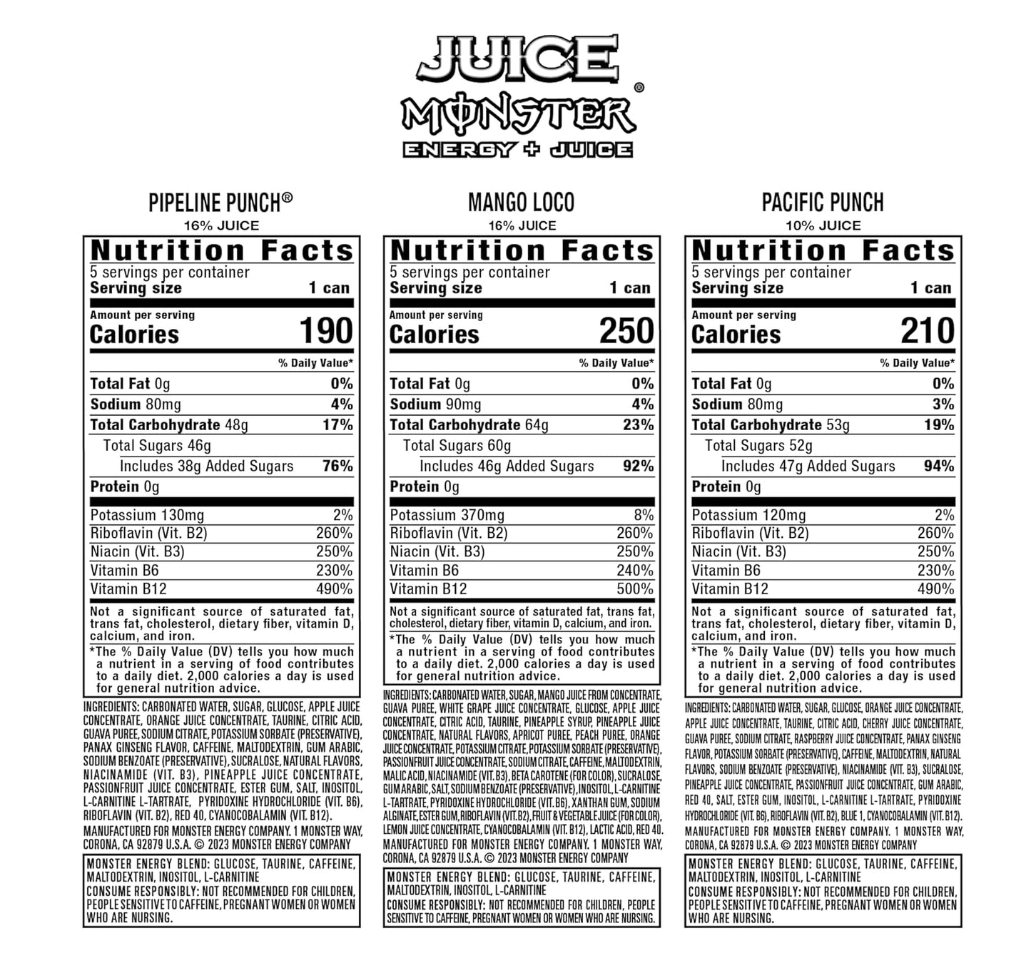 Monster Energy Juice Monster Variety Pack, Pipeline Punch, Mango Loco, Pacific Punch, Energy+Juice, Energy Drink, 16 Ounce (Pack of 15)