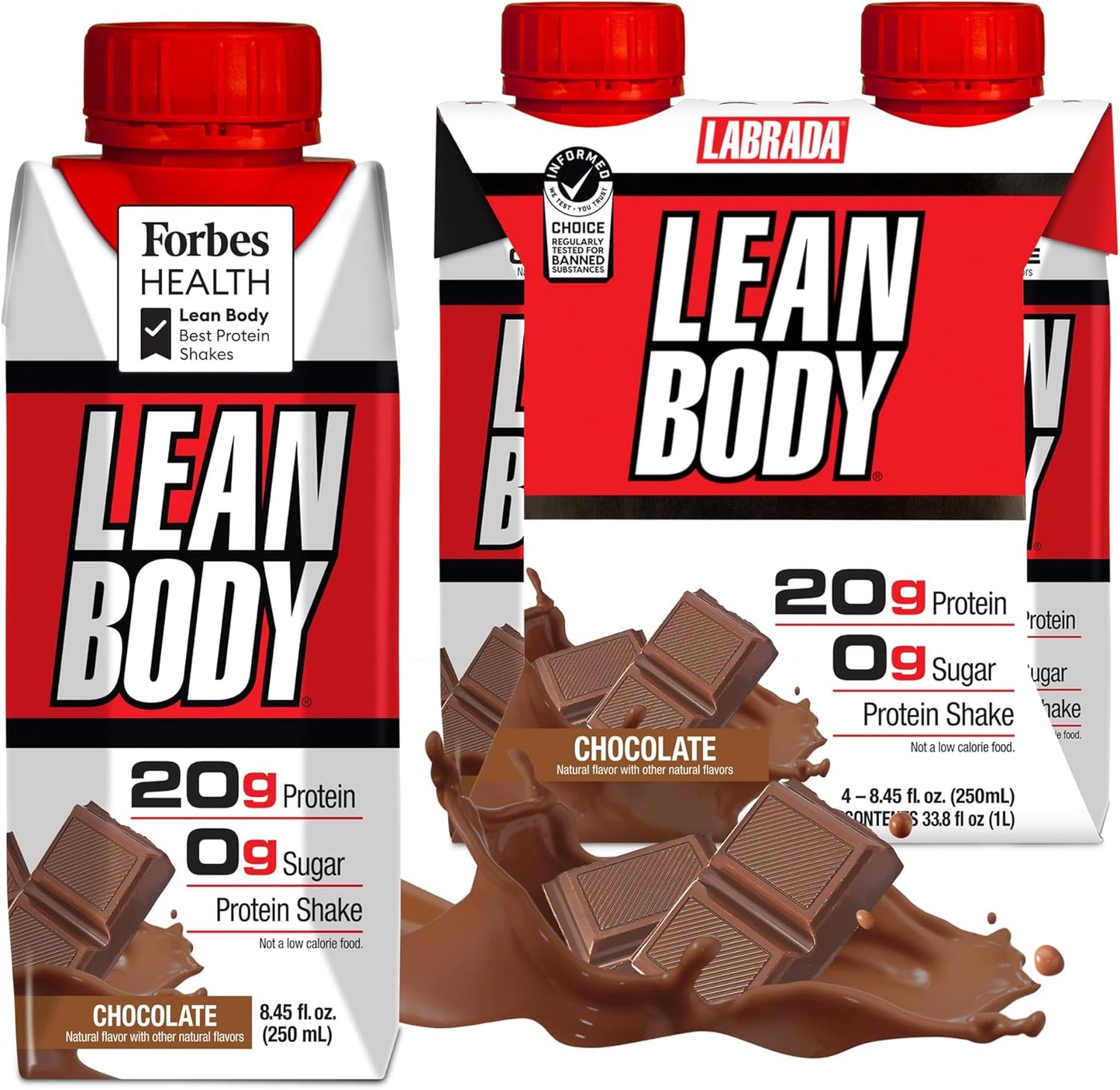 Labrada Lean Body Ready-to-Drink Chocolate Shake, 20g Protein, Whey Blend, 0 Sugar, Gluten Free, 22 Vitamins & Minerals, (Recyclable Carton & Lid - Pack of 4)