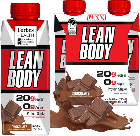 Labrada Lean Body Ready-to-Drink Chocolate Shake, 20g Protein, Whey Blend, 0 Sugar, Gluten Free, 22 Vitamins & Minerals, (Recyclable Carton & Lid - Pack of 4)