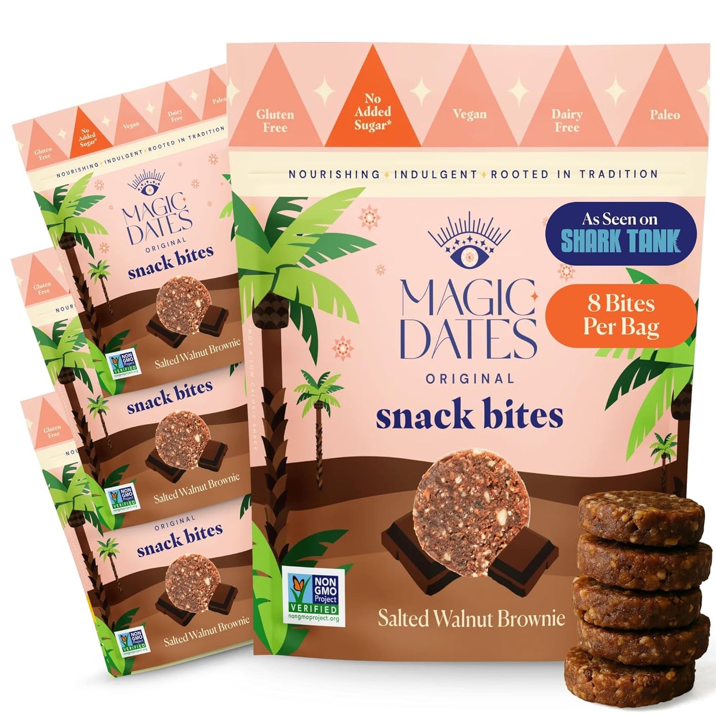 MAGICDATES Date Snack Bites | Salted Walnut Brownie – 4 Bags (16 Servings) | Medjool Dates | Himalayan Pink Salt | No Added Sugar | Vegan | Paleo | Gluten-Free | Healthy Chocolate Dessert