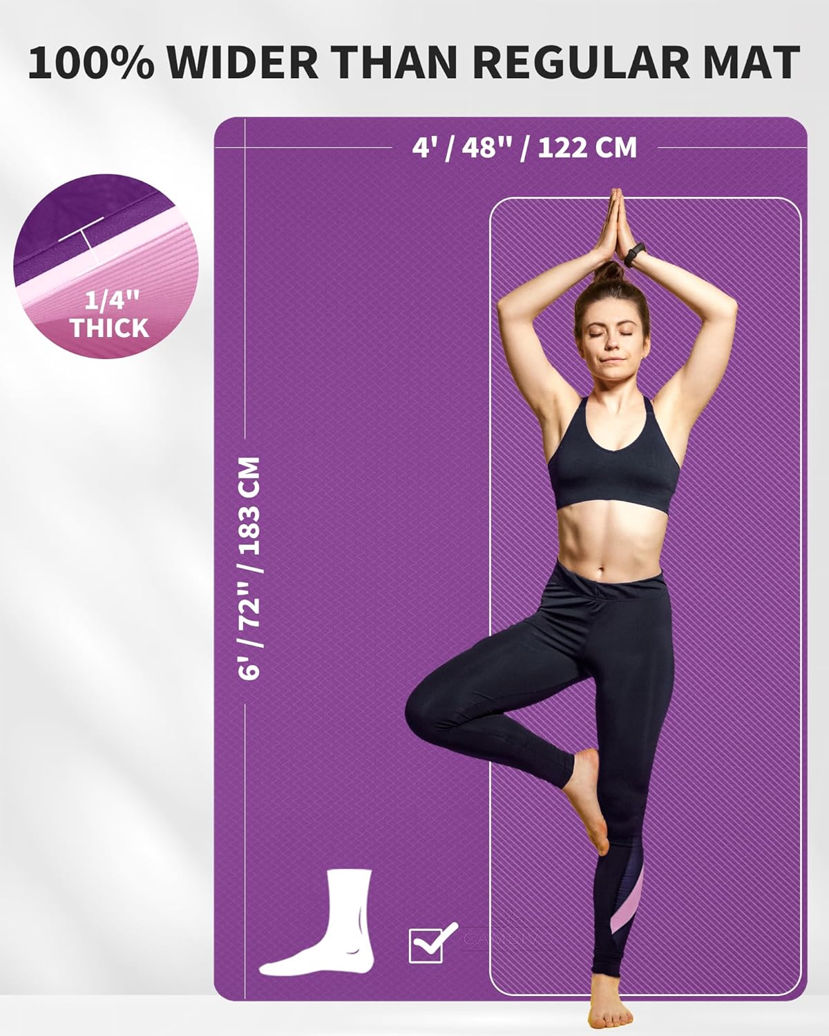 CAMBIVO Large Yoga Mat (6'x 4'), Extra Wide Workout Mat for Men and Women, Yoga Mat Thick 1/3 &1/4 Exercise Mats for Home Workout, Yoga, Pilates (Black,1/4 inch)