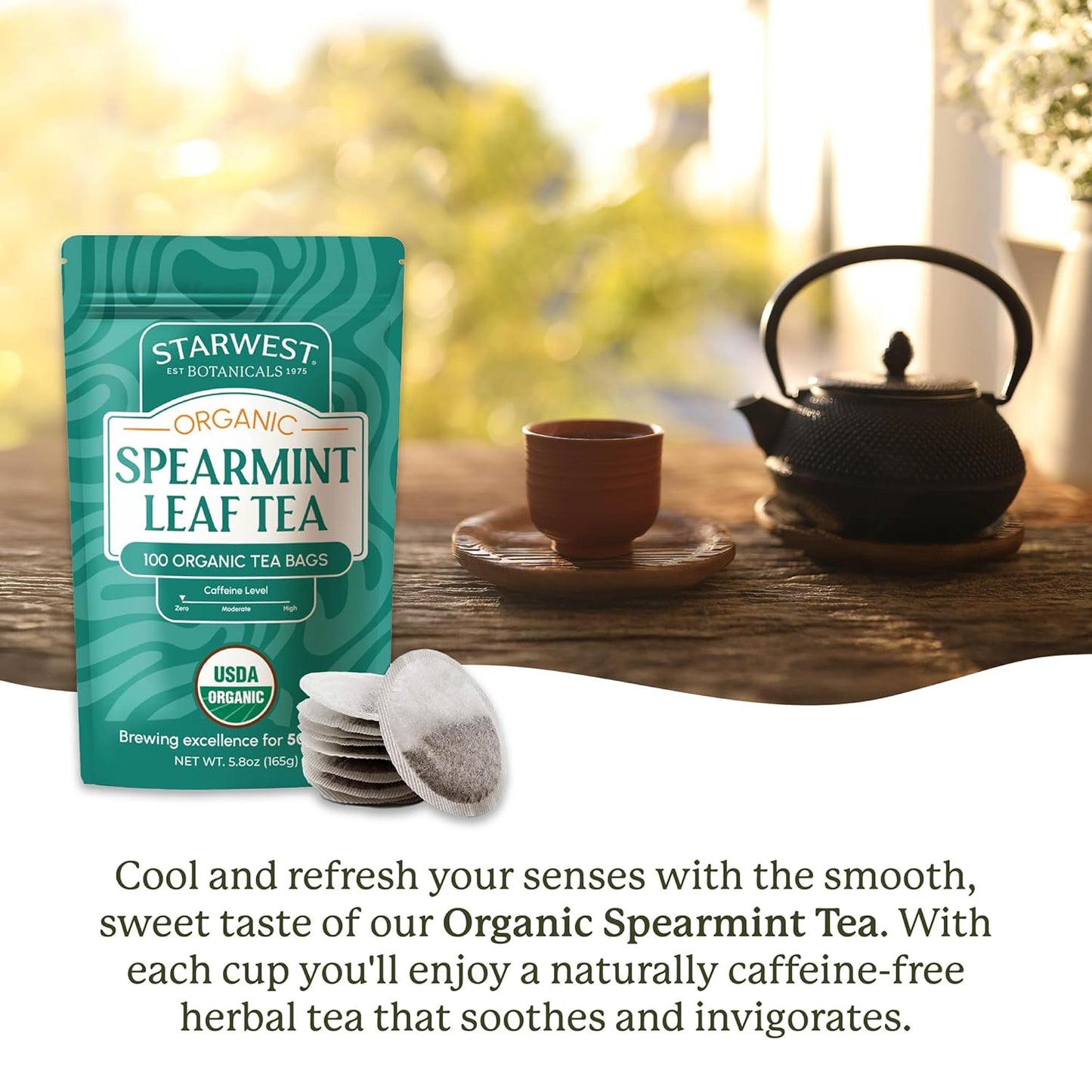 Starwest Botanicals Organic Spearmint Leaf Tea - Caffeine Free Herbal Tea, Promotes Calm, USDA Organic Spearmint Leaf, String Free Sachets, Non GMO - Bulk Pack, 100 Tea Bags