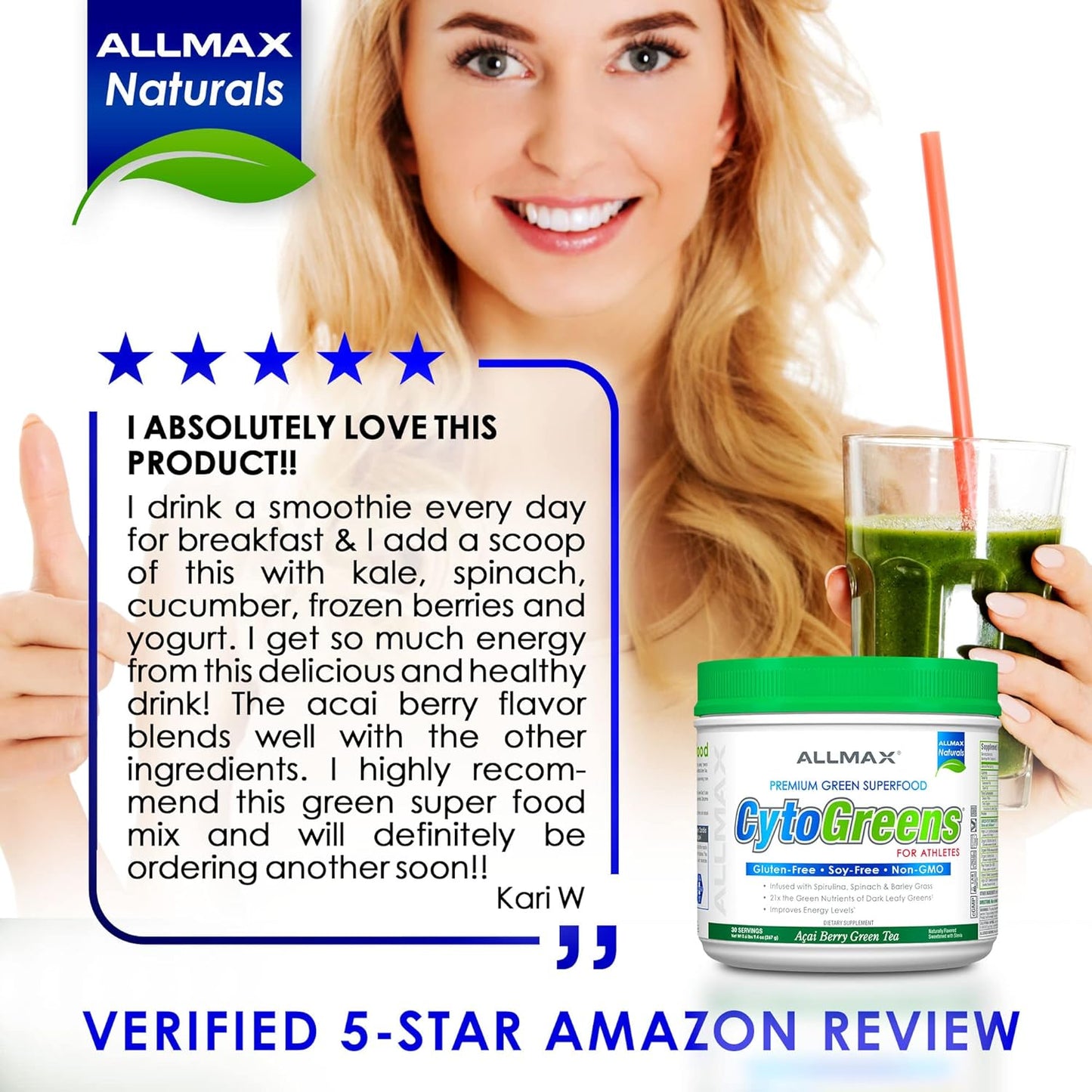 ALLMAX Nutrition - Cytogreens Super Greens Powder, Infused with Spirulina, Spinach & Barley Grass, Supports Immune & Digestive Health, Gluten Free & Vegan, 30 Servings (Acai Berry Green Tea)
