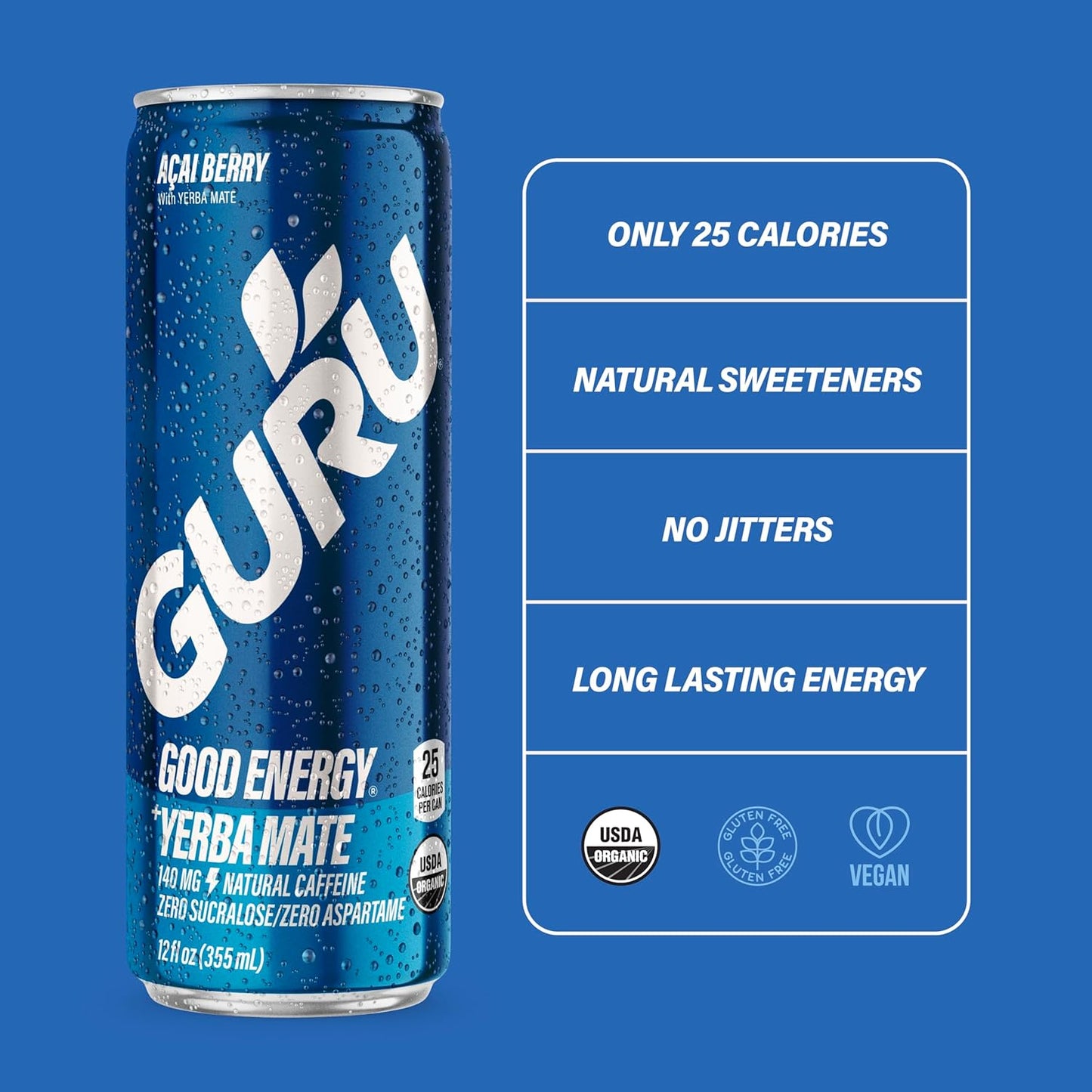 GURU Yerba Mate Organic Energy Drinks, Clean Energy Drink with Plant Based Natural Caffeine from Green Tea, Low Calorie, Gluten Free, 140mg Caffeine, Healthy Drinks, Acai Berry, 12oz (Pack of 12)