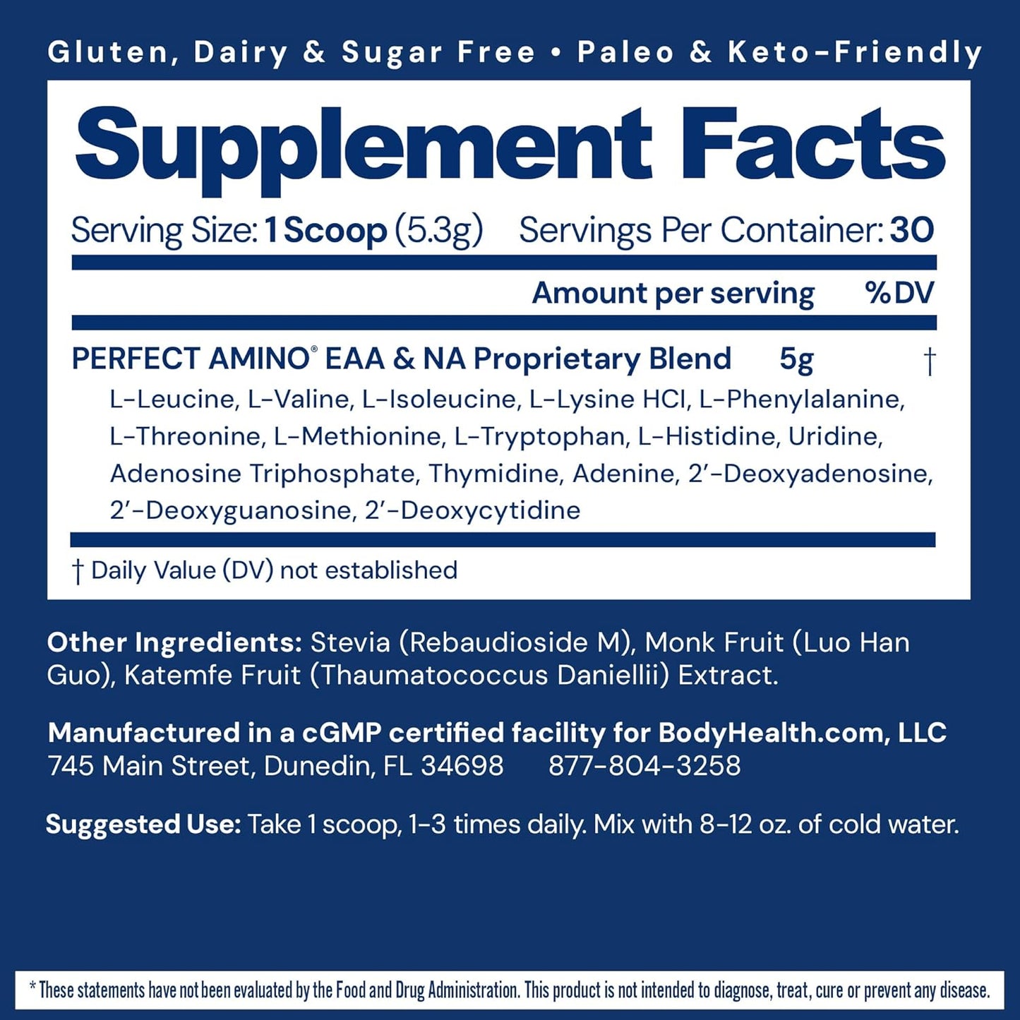 BodyHealth PerfectAmino Powder - BCAA and EAA Powder for Pre and Post Workout - Amino Acid Energy Drink for Men and Women to Support Lean Muscle and Recovery - Unflavored - 30 Servings