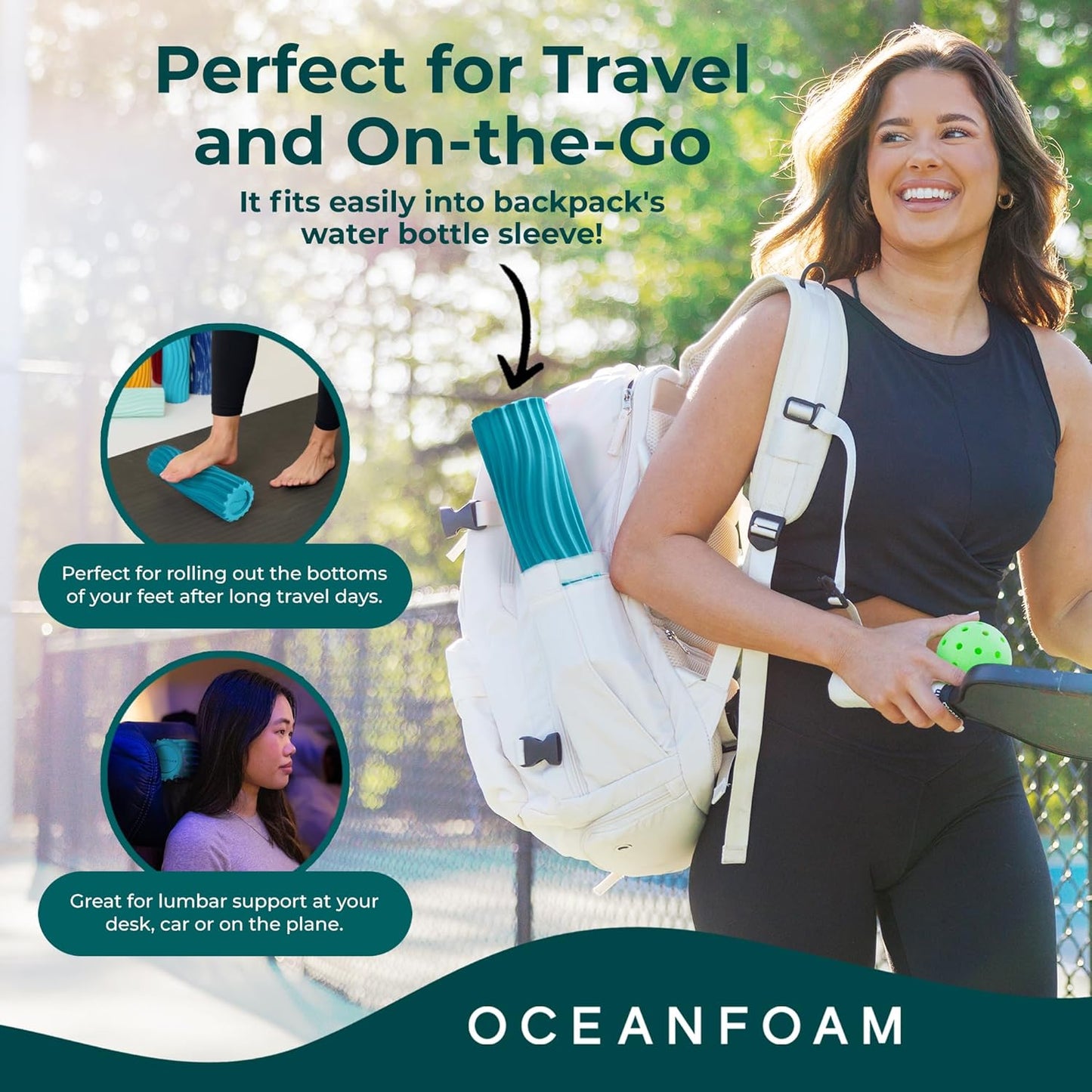 Oceanfoam Ripple Travel Foam Roller (11" x 3.35") Firm Mini Foam Roller for Physical Therapy, Deep Tissue Massage, Back Pain, High Density, Ergonomic Wave Textured, Yoga, Pilate, Exercise (Miami Blue)