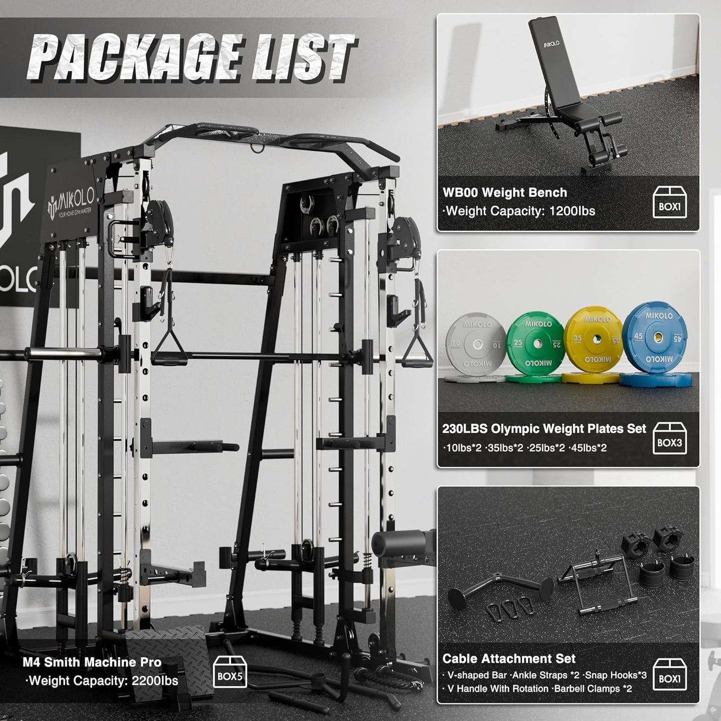 Mikolo Smith Machine, 2200lbs Squat Rack with LAT-Pull Down System & Cable Crossover Machine, Training Equipment with Leg Hold-Down Attachment