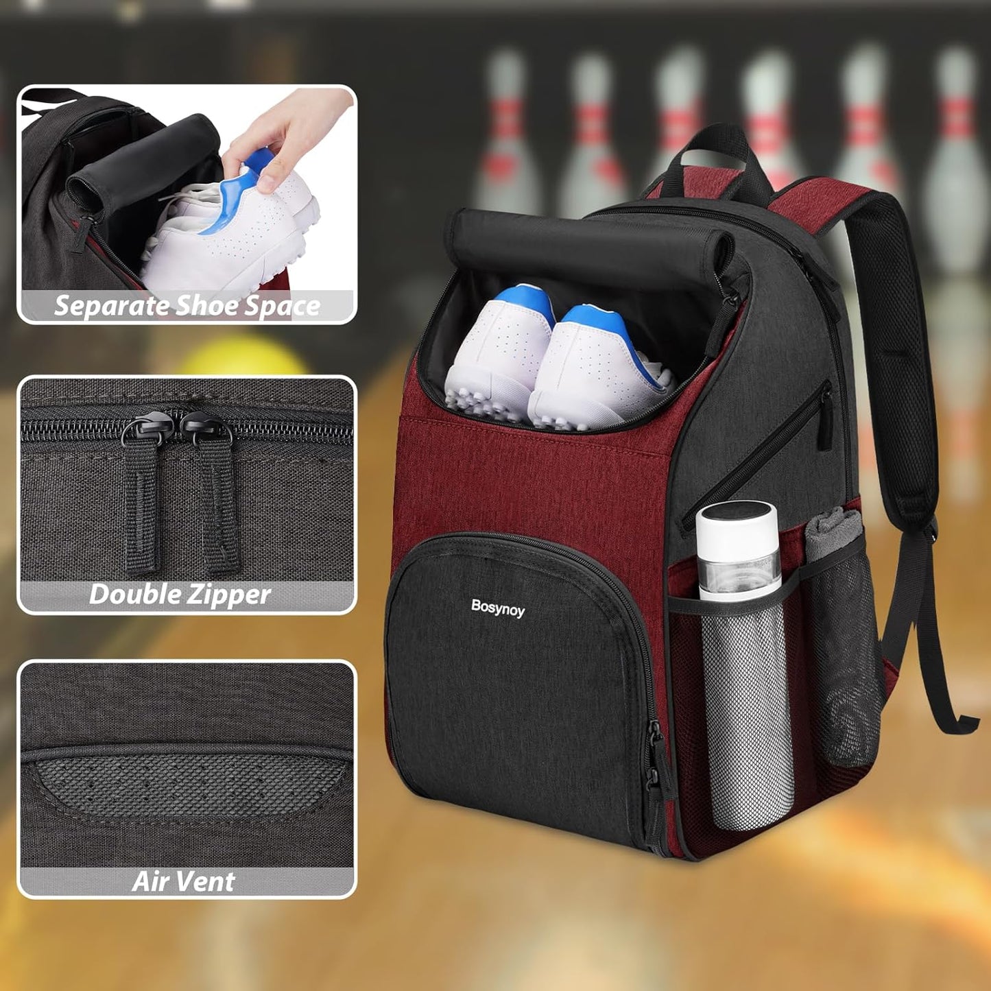 Bosynoy Bowling Backpack, Bowling Ball Bag Totes for Single Ball with Shoe Compartment & Foam Padded, Fits Shoes Up to US Mens Size 16, Grey