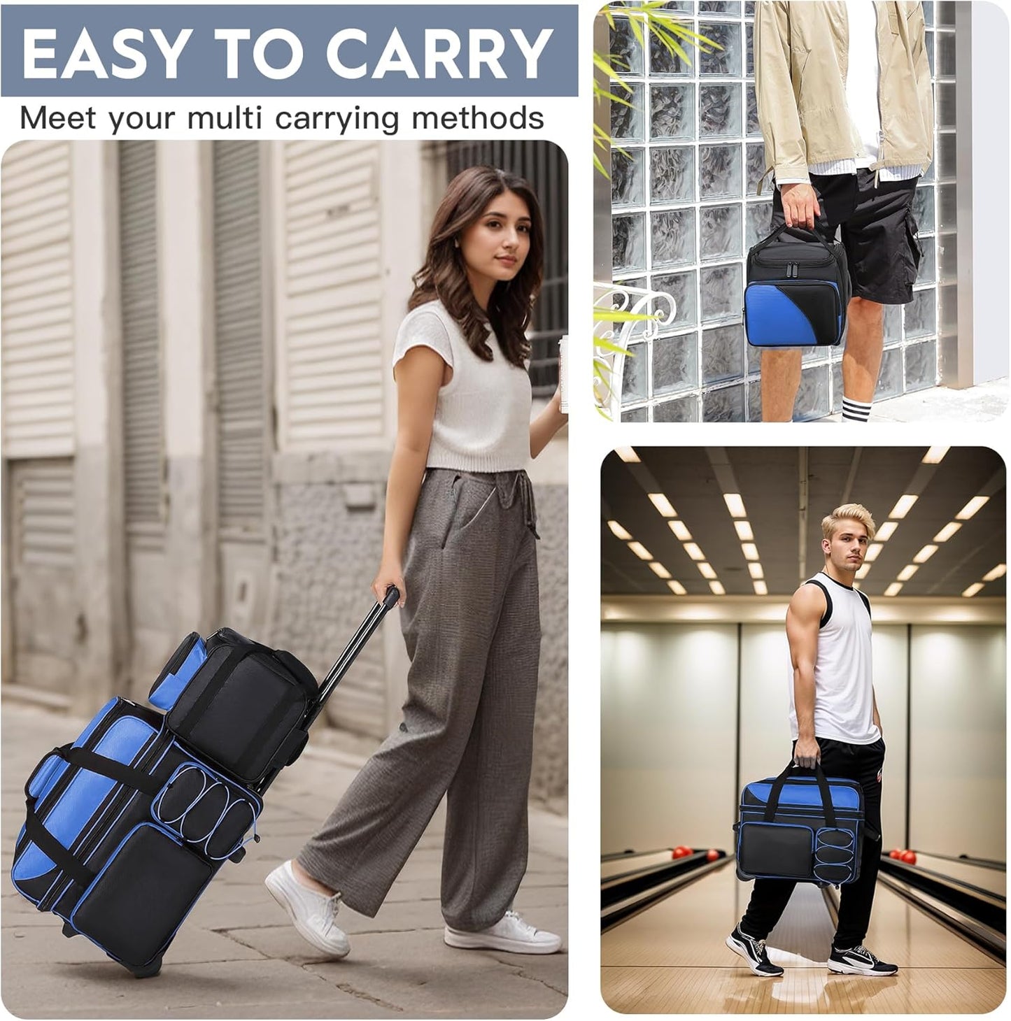 3 Ball Bowling Bag with Wheels, Bowling Bag 3 Ball Roller with Separate Shoe Compartment and Accessory Pocket, 2 Ball Roller Bag Plus Single Ball Tote