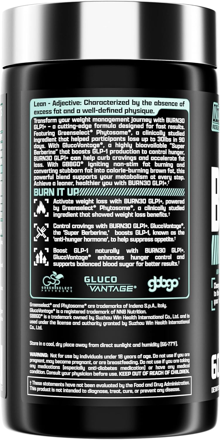 Nutrex Research BURN30 GLP1+ Super Berberine Chromium Picolinate Weight Management Support | Advanced Appetite Control & Metabolism Support with Clinically Studied Ingredients  | Stimulant Free