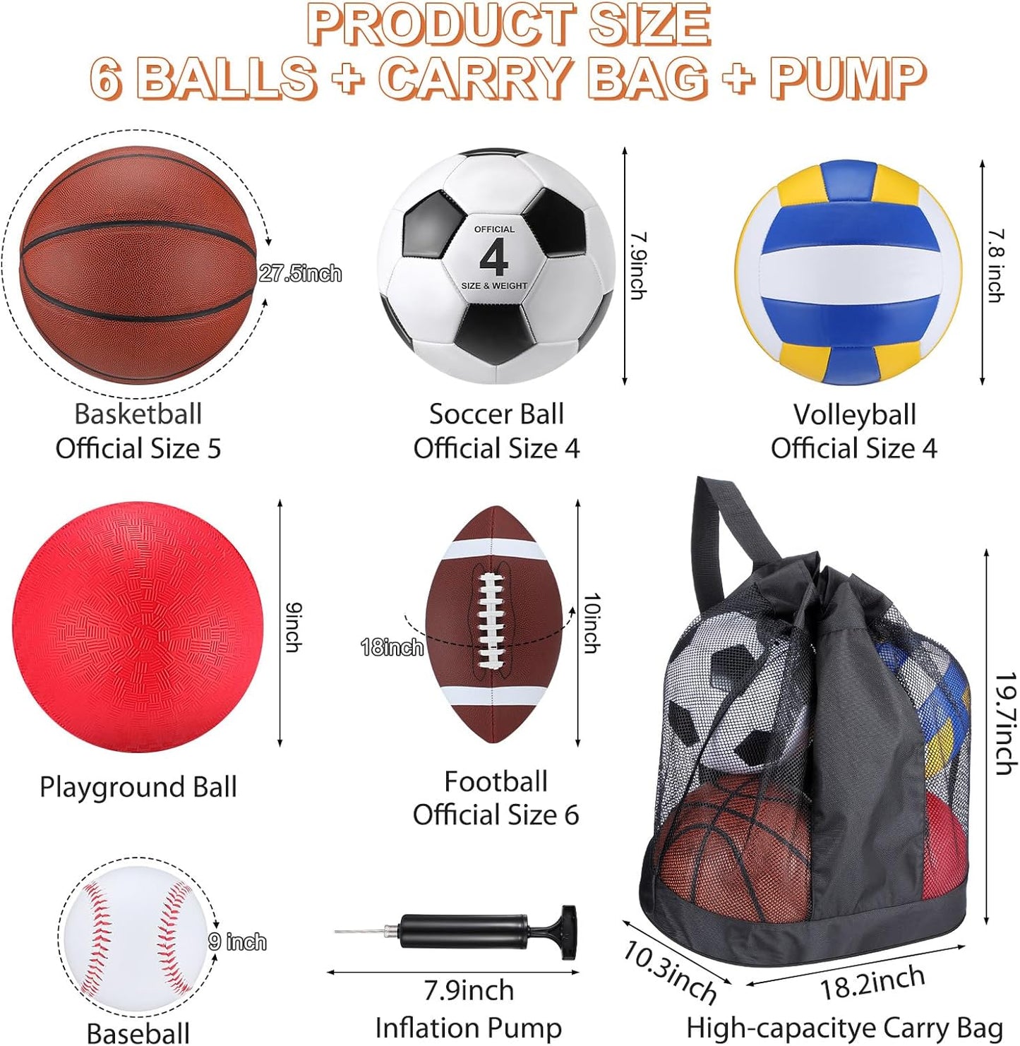 Realspring 6 Pcs Multi Sport Ball Set for Kid Teen Operation Christmas Official Size Football, Basketball, Soccer, Volleyball, Playground Ball, Baseball with Sports Equipment Bag Pump