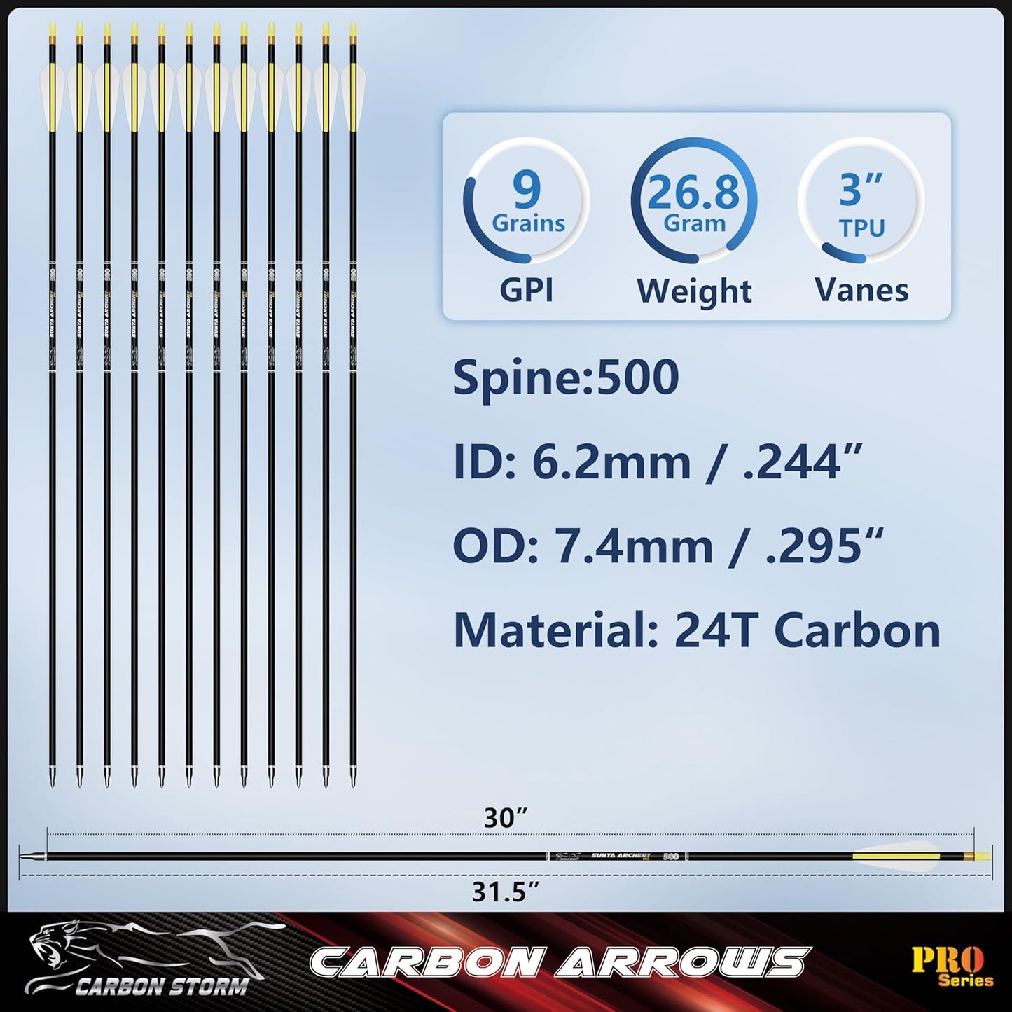 SUNYA 12-Pack 30 Inch Carbon Arrows Spine 500 or 400 for 40-60 LBS Bows｜Switch to Recurve/Compound Modes, Anti-Loose O-Ring & TPU Vanes for Hunting/Target Practice