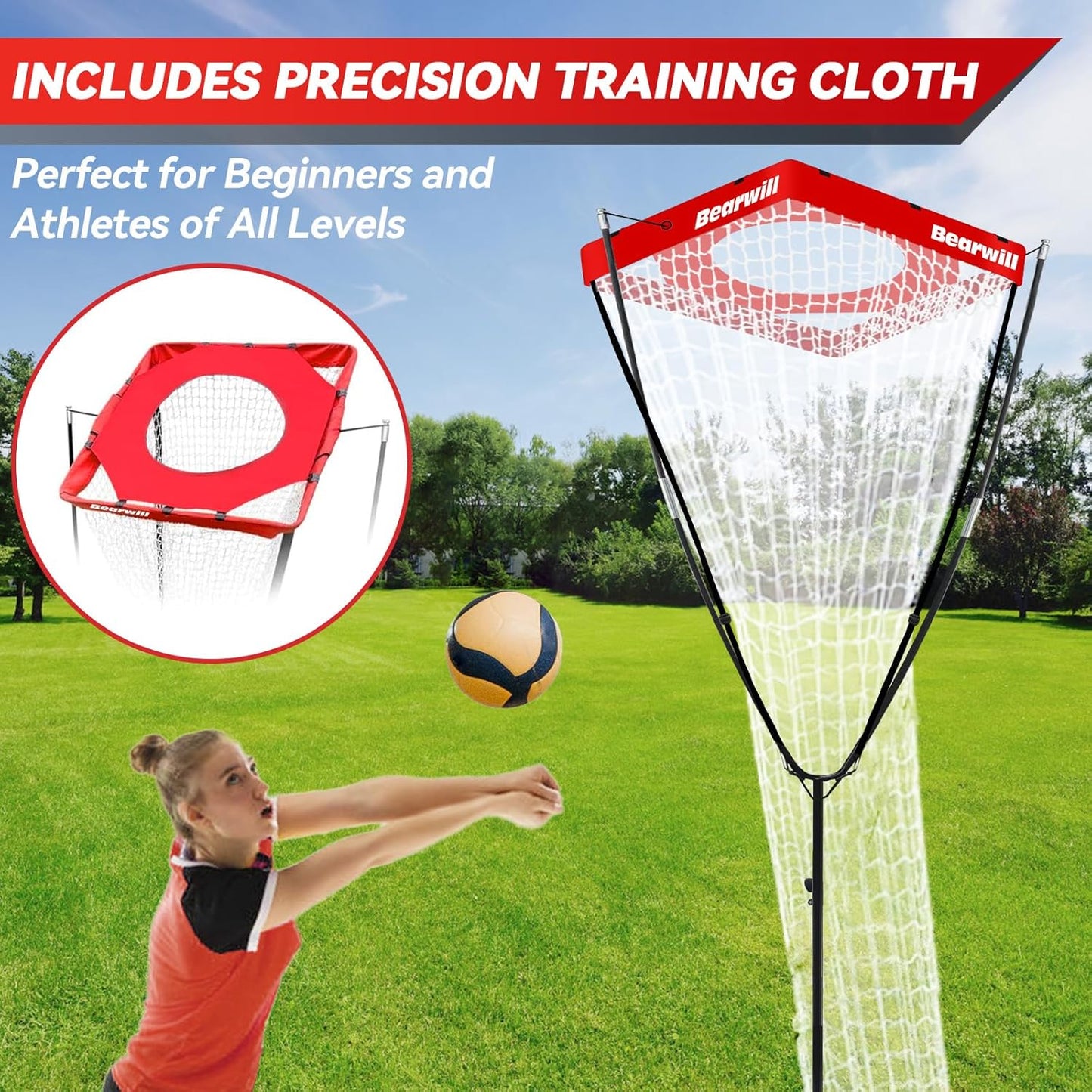 Volleyball Setter Trainer Net, Volleyball Training Equipment Adjustable Angle Height 8-13 FT Setter Net, Indoor Outdoor Volleyball Practice Net System for Serving, Spiking and Setting