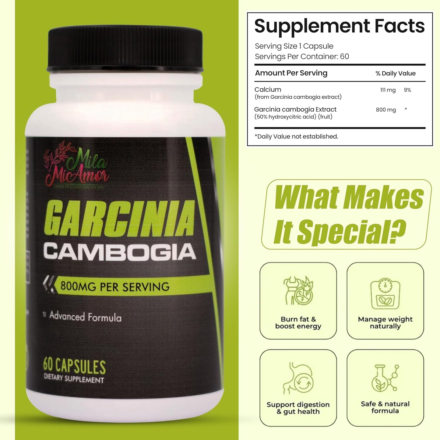 Mila Miamor Garcinia Cambogia Extract Supplement (50% HCA), 800 mg for Weight, Metabolism, Appetite & Energy Support, Caffeine Free, Non-GMO, Gluten Free, 60 Capsules