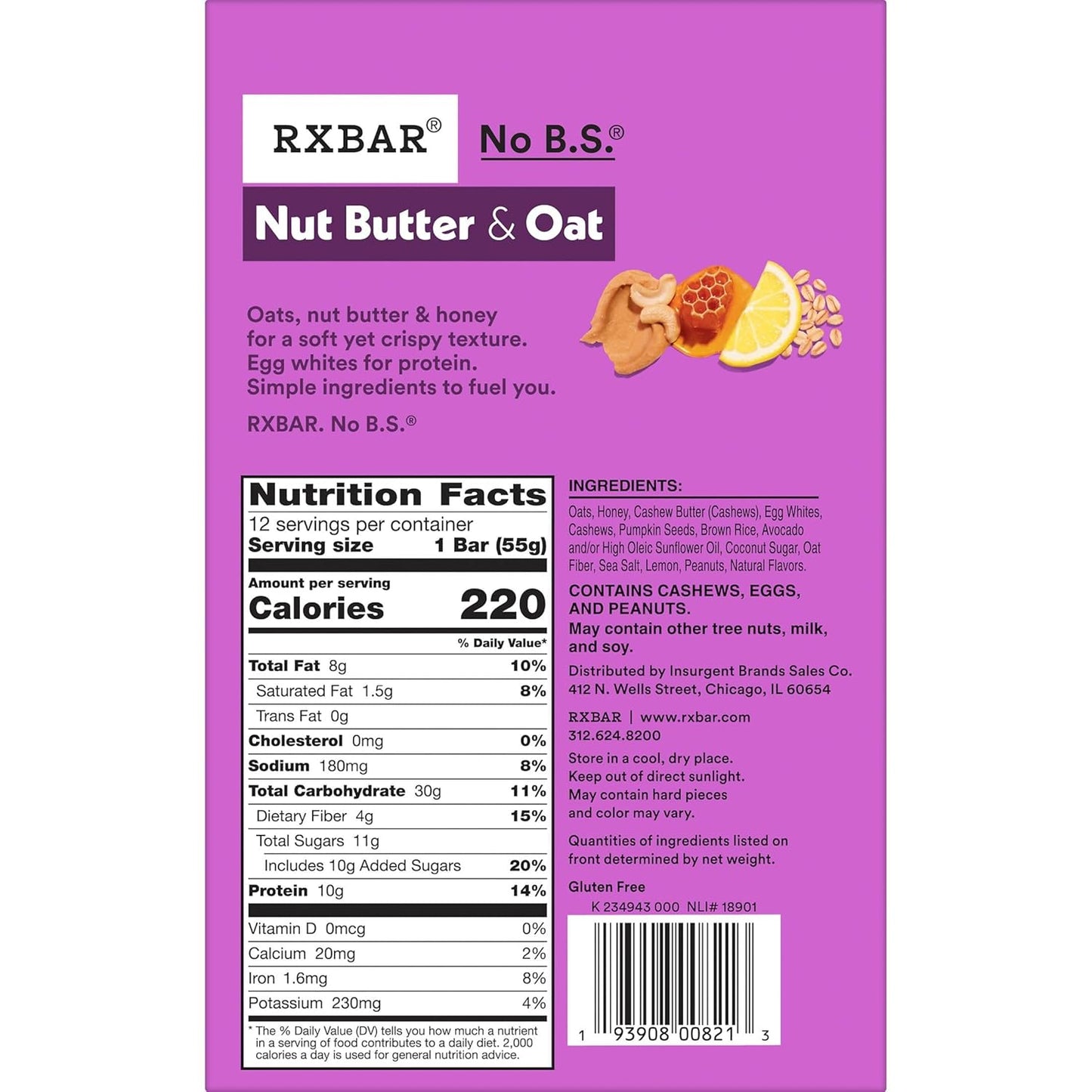 RXBAR Nut Butter and Oat Protein Bars, Protein Snacks, Snack Bars, Lemon Honey Cashew Butter, 23.2oz Box (12 Bars)