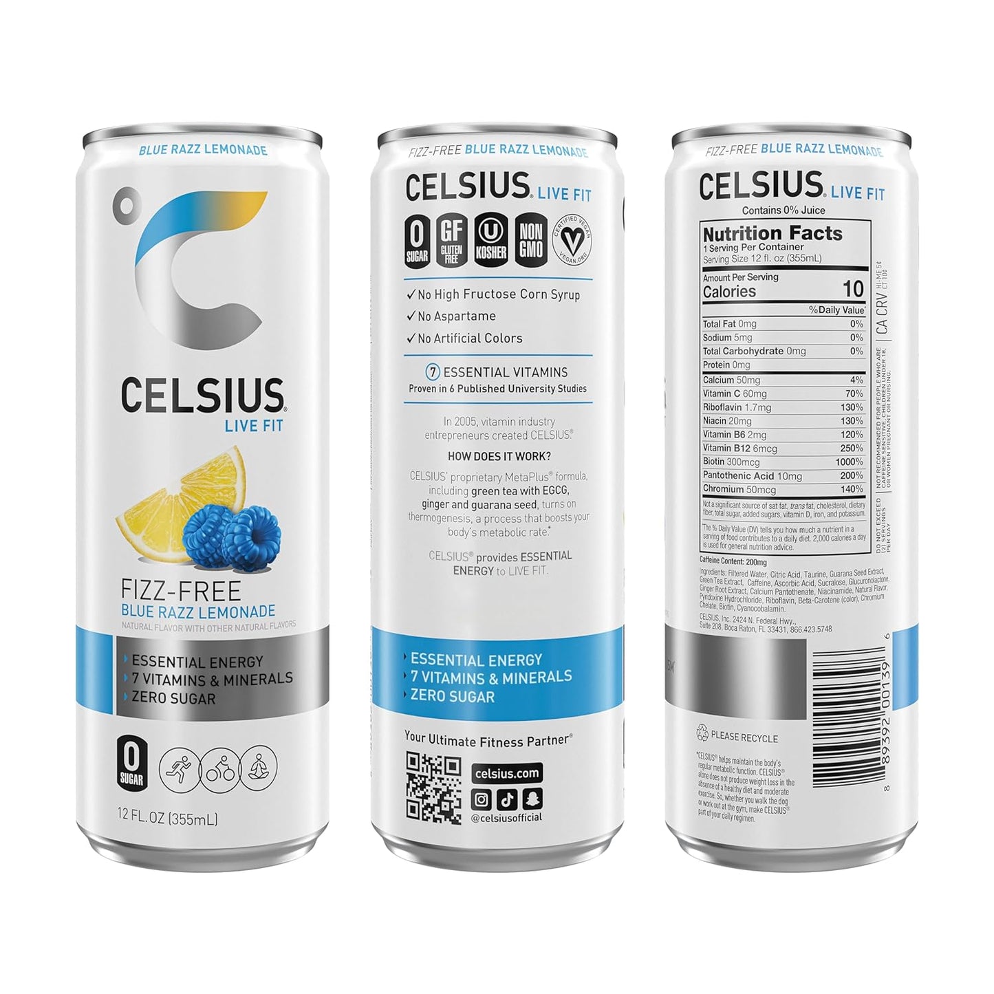 CELSIUS Fizz Free Blue Razz Lemonade, Sugar Free Energy Drink, 12 Fl Oz (Pack of 12)