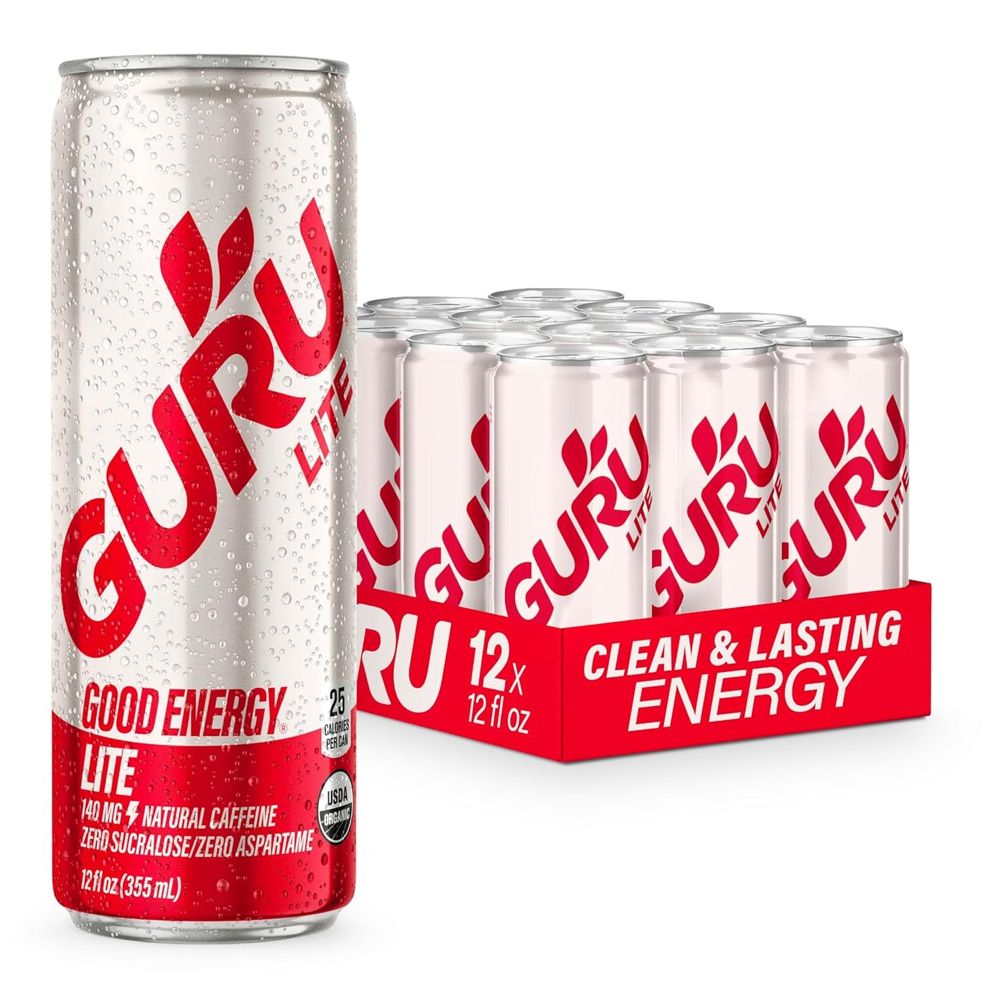 GURU Lite Organic Energy Drinks, Clean Energy Drink with Plant Based Natural Caffeine from Green Tea, Low Calorie, Gluten Free and Vegan, 140MG Caffeine, Healthy Drinks, 12oz (Pack of 12)