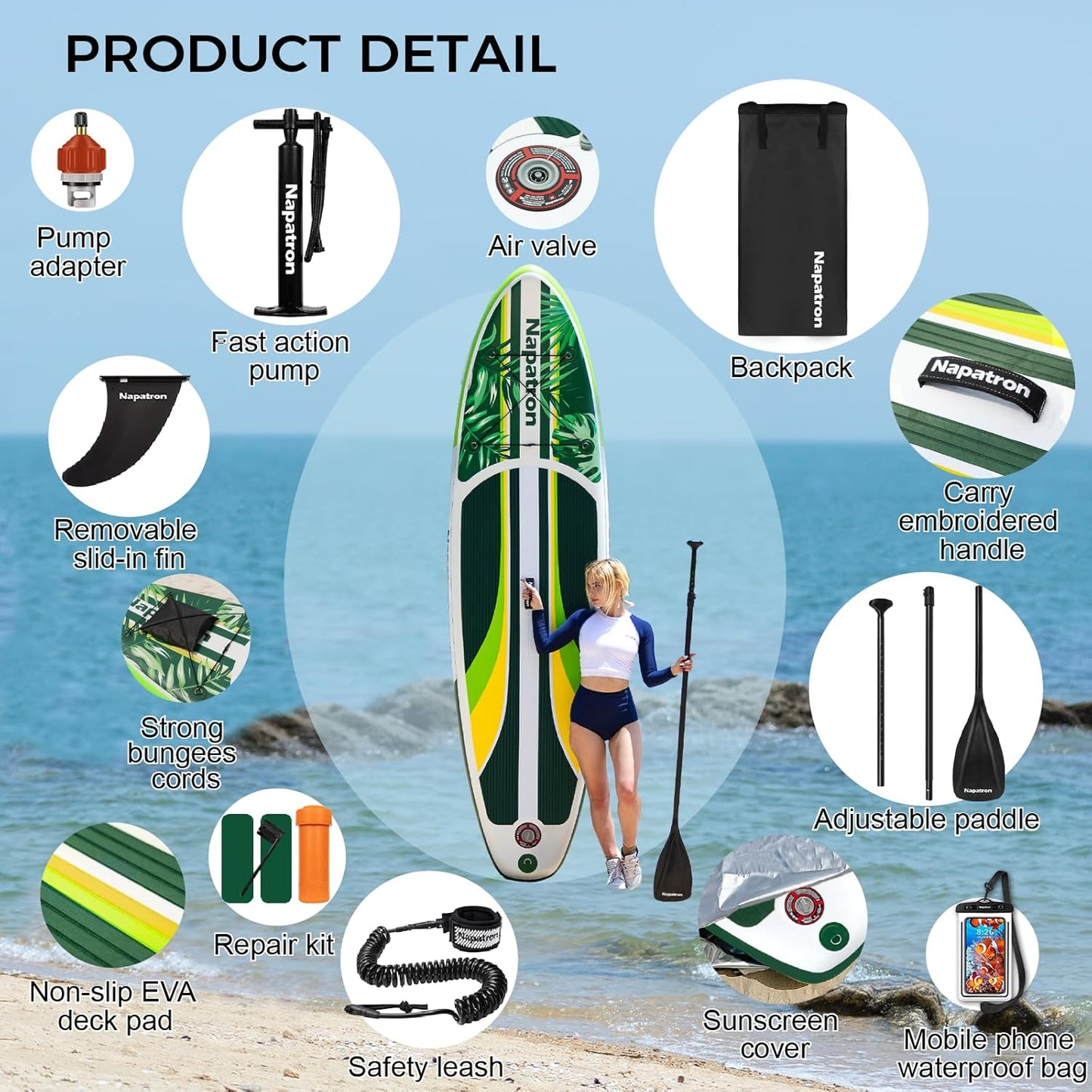 Napatron Family Inflatable Stand Up Paddle Board, Sup,Stable Wide Design,350LBS Capacity,Complete Paddle Board Package with Fast Action Pump,Leash,Ideal for Beginners/Youth & AllSkill Levels
