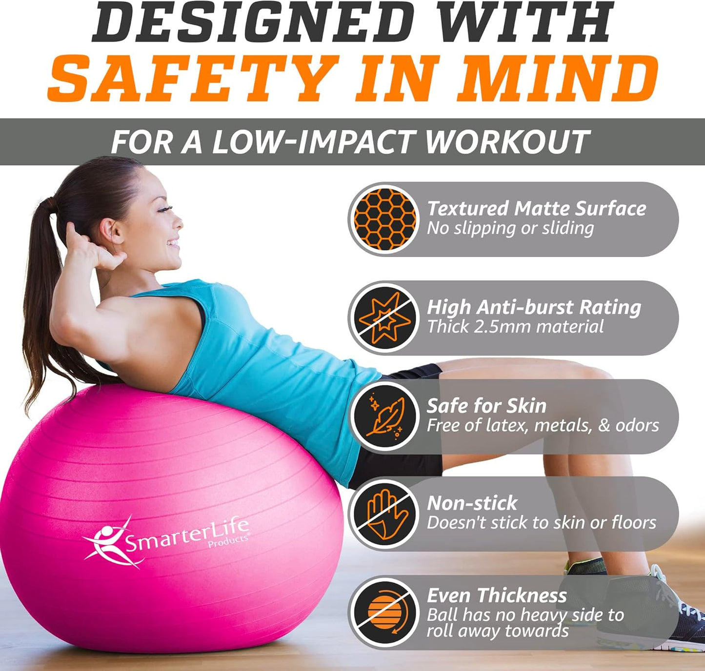 SmarterLife Exercise Ball Yoga Ball for Fitness, Balance, Stability, or Pregnancy, Gym Ball for Core Workout, Physical Therapy, Yoga Ball Chair for Office, Anti-Slip Anti-Burst