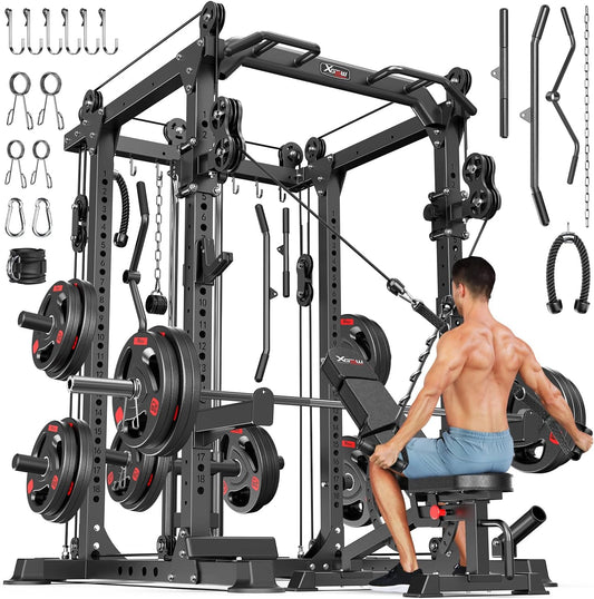Power Cages Multi-Purpose Squat Rack with Cable Crossover System, Matching Weight Bench, Olympic Barbell Weight Set for Garage and Home Gyms