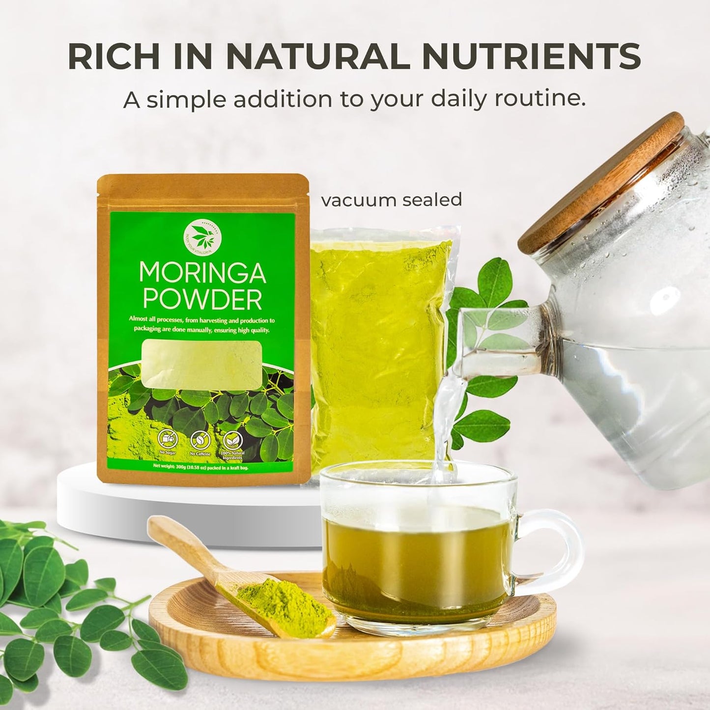 Moringa Leaf Powder - 10.58 oz, 100% Pure & Natural, For Tea, Drinks, Cooking & Skincare, Supports Digestion, Immune, Sleep & Relaxation, Finely Ground, No Sugar, No Caffeine