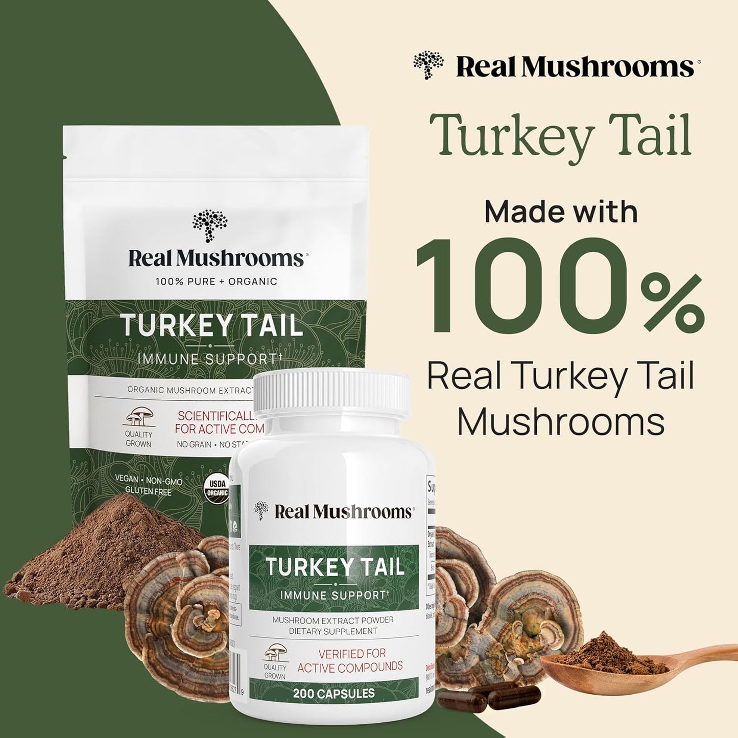 Real Mushrooms Turkey Tail Capsules – Organic Mushroom Extract for Daily Wellness, Gut Harmony, Energy Support – Vegan, Non-GMO, No Fillers – Turkey Tail Extract 200 Count Mushroom Supplement
