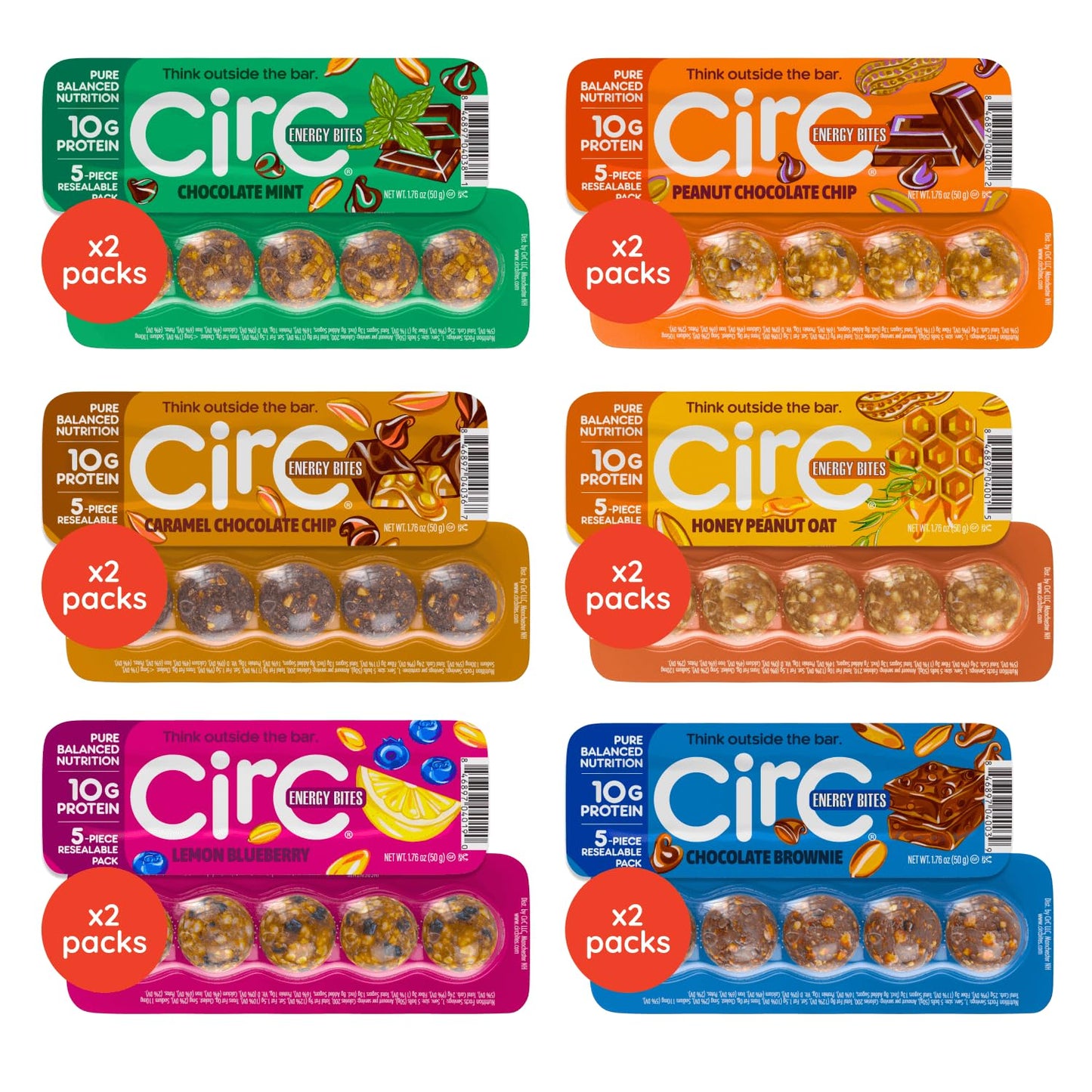 CirC Energy Bites - New Variety 12 Pack Gluten Free Protein Balls - 10g Protein, Whole Grains, Nuts & Fruit - Portable Healthy Snacks for Adults & Kids, 5 Piece Resealable Packs