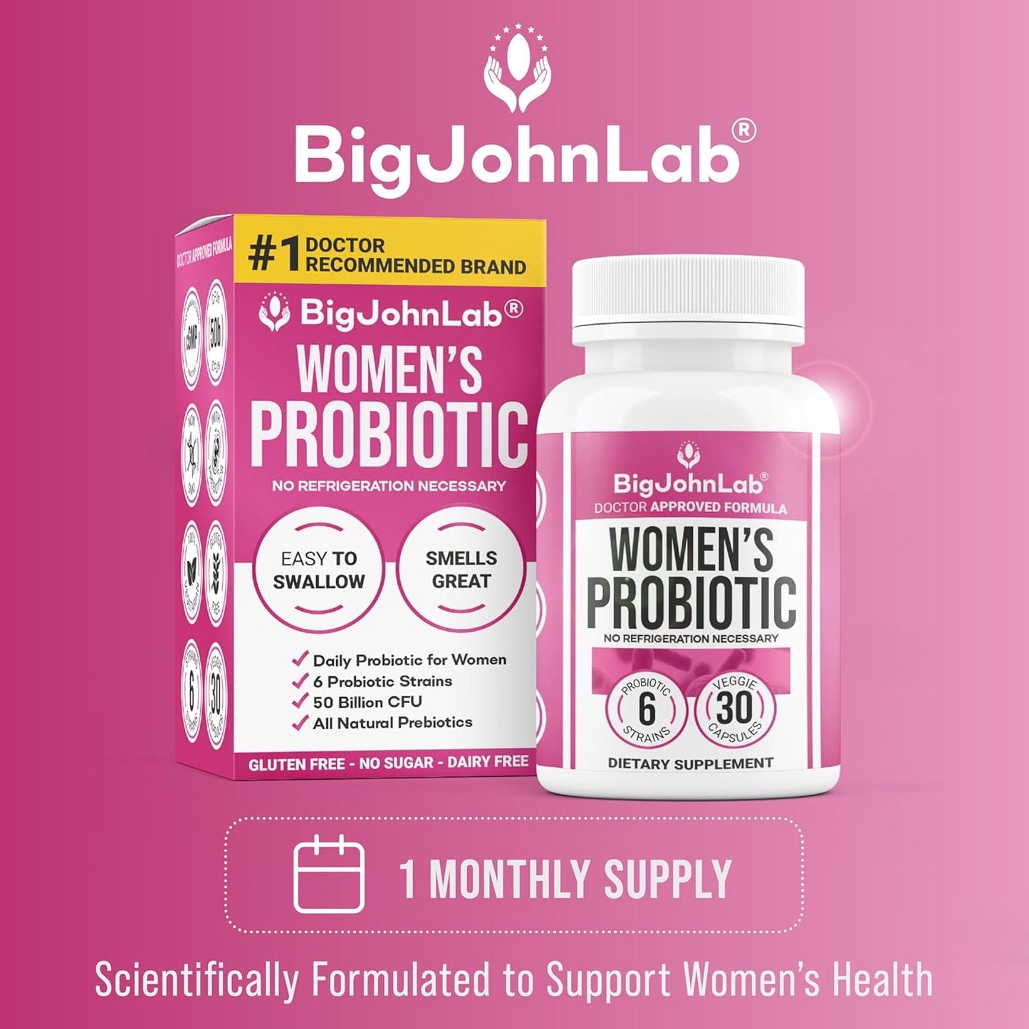 BIGJOHNLAB® - Women's Probiotic Supplement – 50 Billion CFU, 6 Active Strains + Prebiotics – Supports Digestion, Immunity & Wellness – Acid-Resistant, Dairy & Sugar Free, No Refrigeration, 30 Capsules