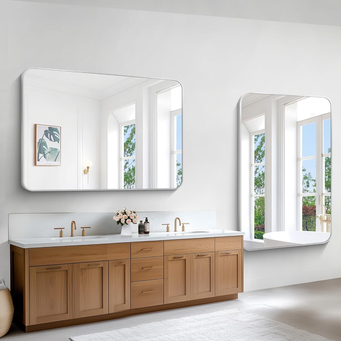 Silver Bathroom Mirror,55x36 inch Wall Mirror for Bathroom Wall Mounted,Rectangle Mirror for Bathroom Over Sink,Modern Frame Round Corner for Living Room,Bedroom Entryway,Horizontal/Vertical