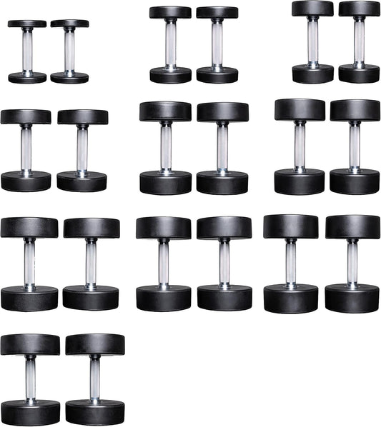 REP Fitness Urethane Coated Round Dumbbells, 5 to 100 lbs, Singles or Pairs, With or Without Rack, Steel Core, Rubber Encased, Chrome Handles, Professional Weights for Home Gym Strength Training