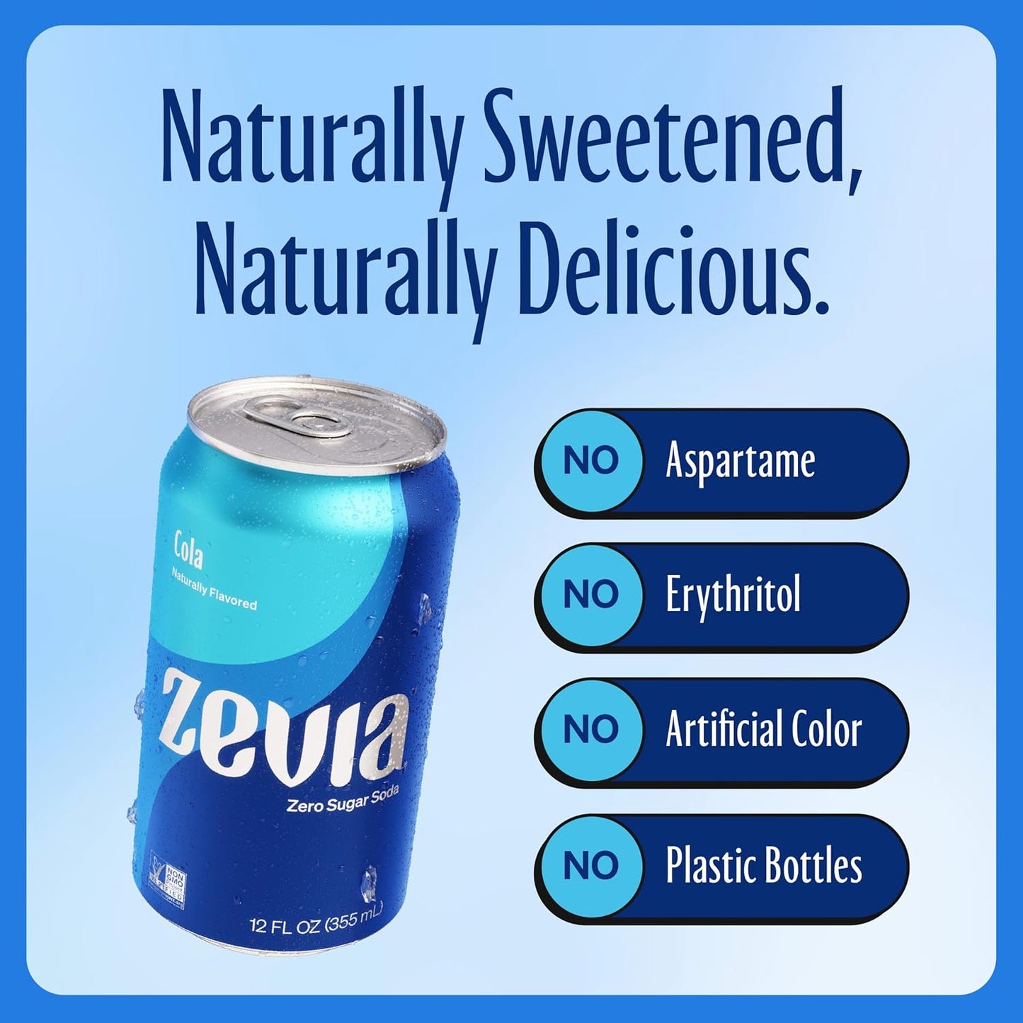 Zevia Zero Sugar Soda, Cola, 12 oz Cans (24-Pack) – Naturally Sweetened, Zero Calorie Sugar Free Soda - Non-GMO Project Verified, Gluten-Free, Vegan