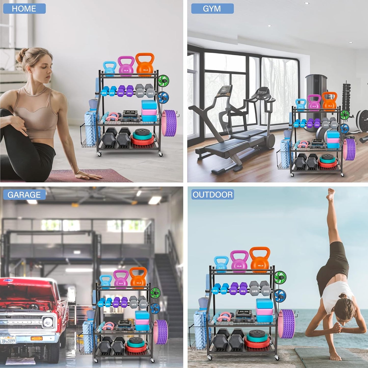 Dumbbell Rack, Yoga Mat Storage Rack - Weight Rack for Dumbbells, Home Gym Storage Rack for Yoga Mat, Dumbbells and Kettlebells, All in One Workout Equipment Storage with Caster Wheels