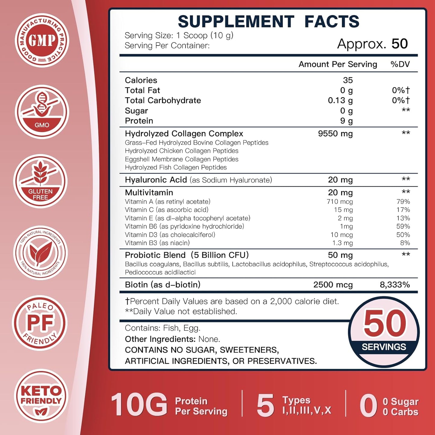 DRFOSTER Multi-Collagen-Peptide-Powder with Probiotics, 50 Servings of Hydrolyzed Collagen Peptides with Hyaluronic Acid, Biotin & Multivitamins - Supports Skin, Hair, Nails Health