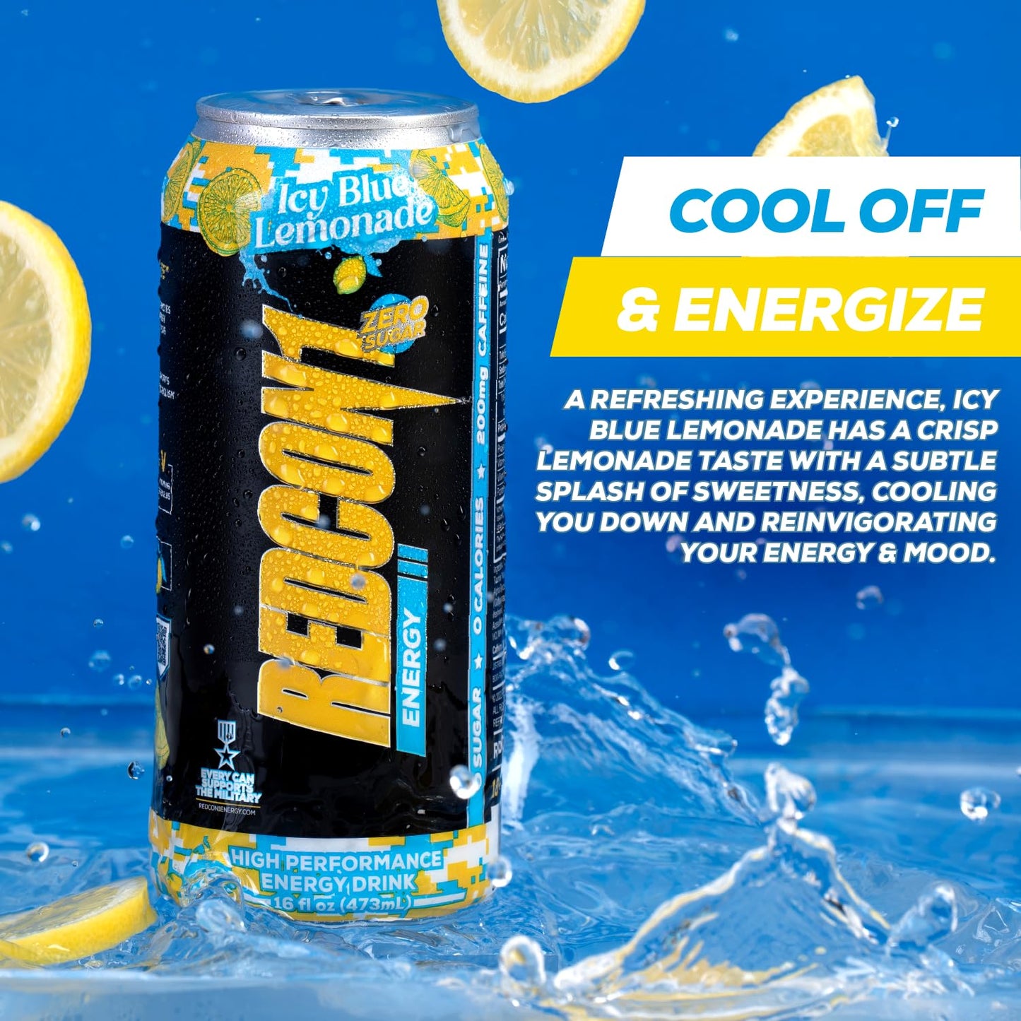 REDCON1 Energy High Performance Drink, Icy Blue Lemonade - Zero Sugar Energy Drink with Alpha GPC Nootropic - 200mg Natural Caffeine from Green Coffee Beans - Vitamin B6, B12 & B5 to Boost Mood (12 ct)