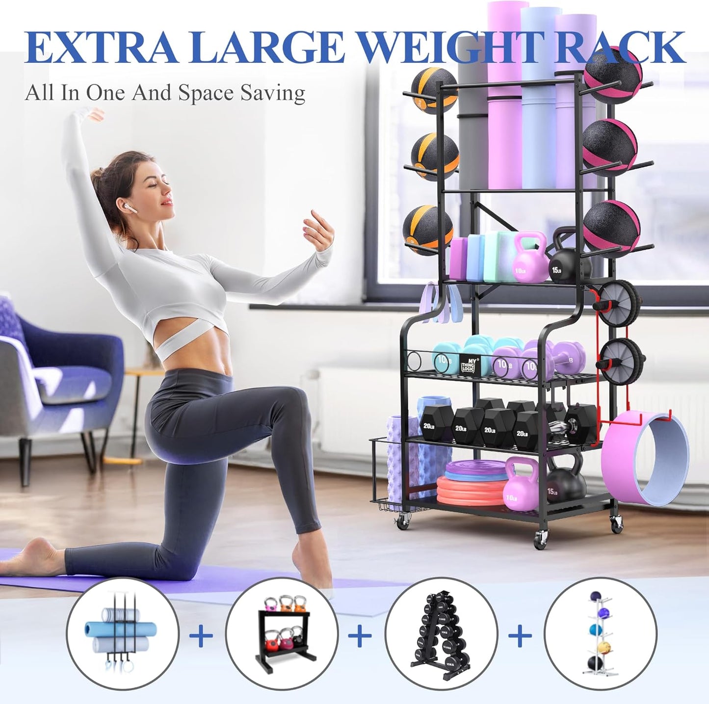 Mythinglogic Yoga Mat Storage Racks,Home Gym Storage Rack for Dumbbells Kettlebells Foam Roller, Yoga Strap and Resistance Bands, Workout Equipment Storage Organizer With Hooks and Wheels