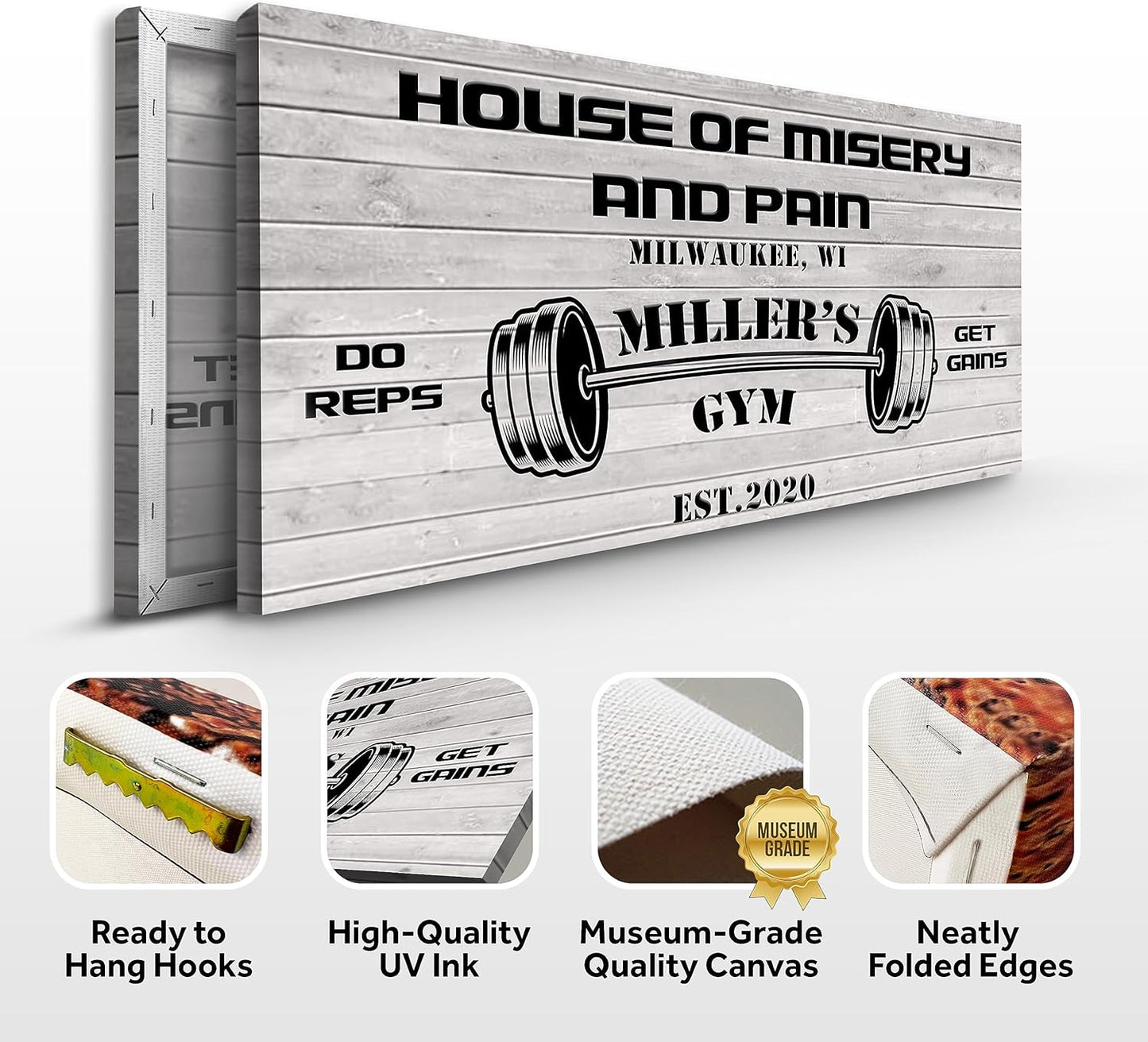 Tailored Canvases Personalized Gym Sign Wall Art Decor - Motivational Canvas for Home Gym, Workout Room, Garage, Fitness Center - Workout Inspirational Posters - House of Misery and Pain, White Wood 60x30in