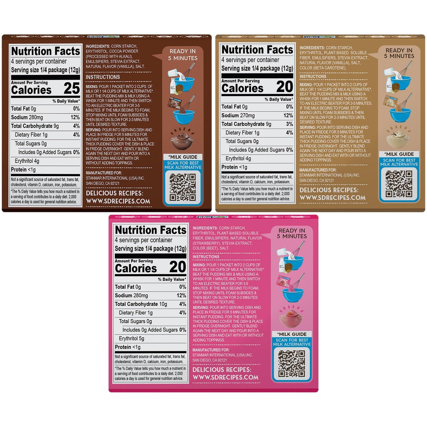 Simply Desserts Vanilla, Strawberry & Chocolate Instant Pudding, Sugar-Free, Variety 6-Pack – Healthy Dessert, Keto Snacks, Vegan & Diabetic-Friendly, Kosher, 1.7 Oz Ea