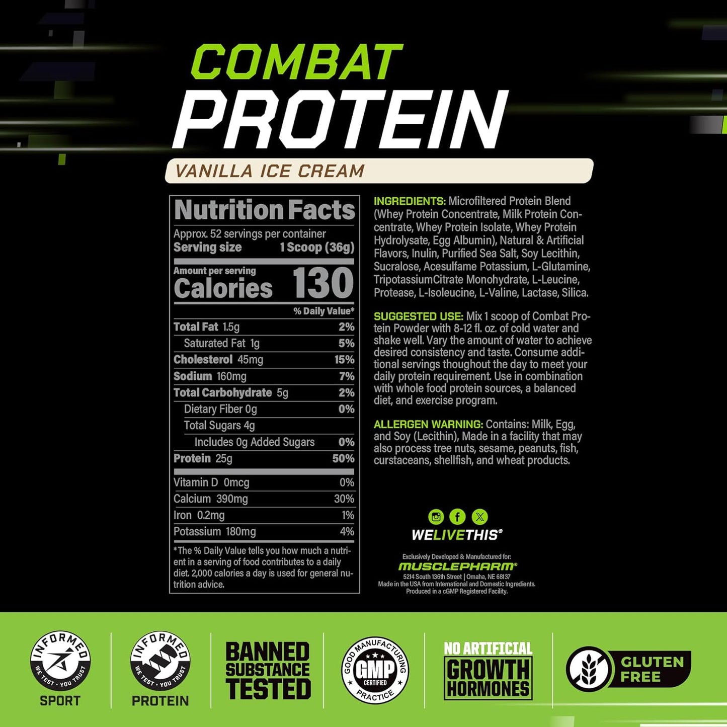 MusclePharm Combat Protein Powder, Vanilla Flavor, Fuels Muscles for Productive Workouts, 5 Protein Sources including Whey Protein Isolate & Egg Albumin, Gluten Free, 4 lb, 52 Servings