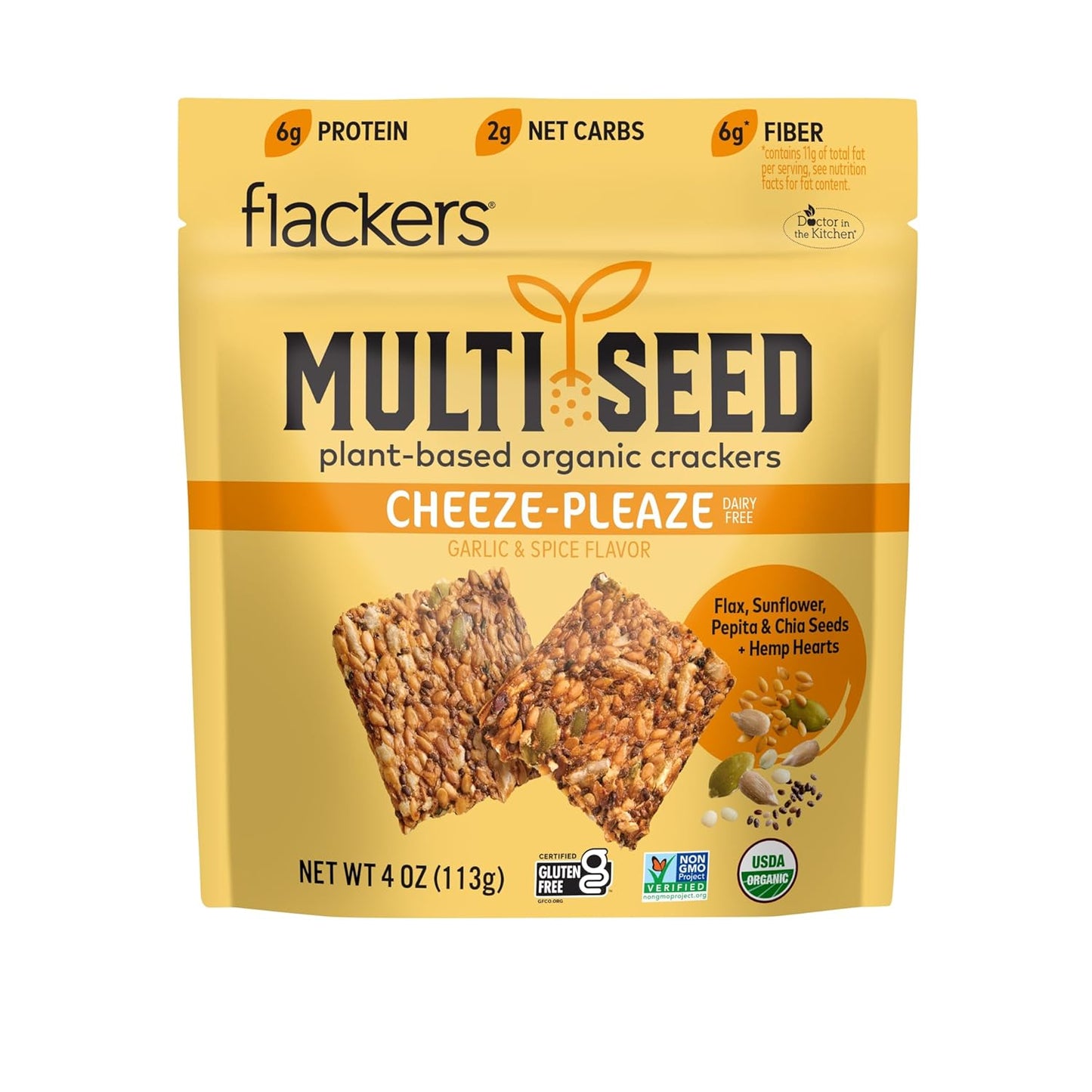 Flackers Organic Cheeze-Pleaze Multi-Seed Crackers, 4 Ounce 6-Pack, Gluten Free, Non GMO, Vegan, Keto Snack, 6g protein, 6g Fiber, 2g Net Carbs