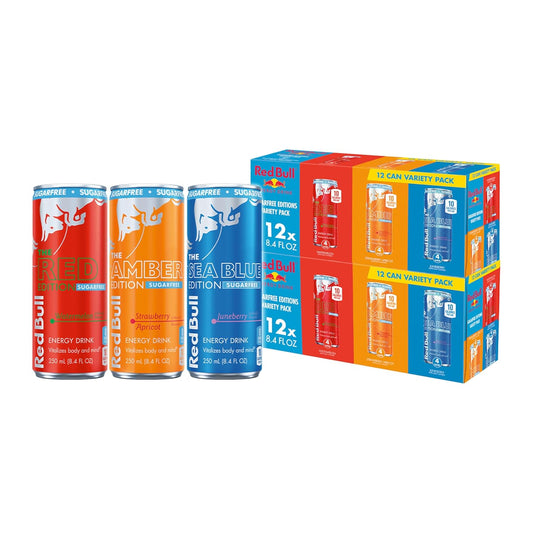Red Bull Energy Drink Sugar Free Variety Pack, Red, Amber, and Sea Blue, with 80mg Caffeine, Taurine & B Vitamins, 8.4 fl. oz., 2 x 12 pack, 24 Cans Case
