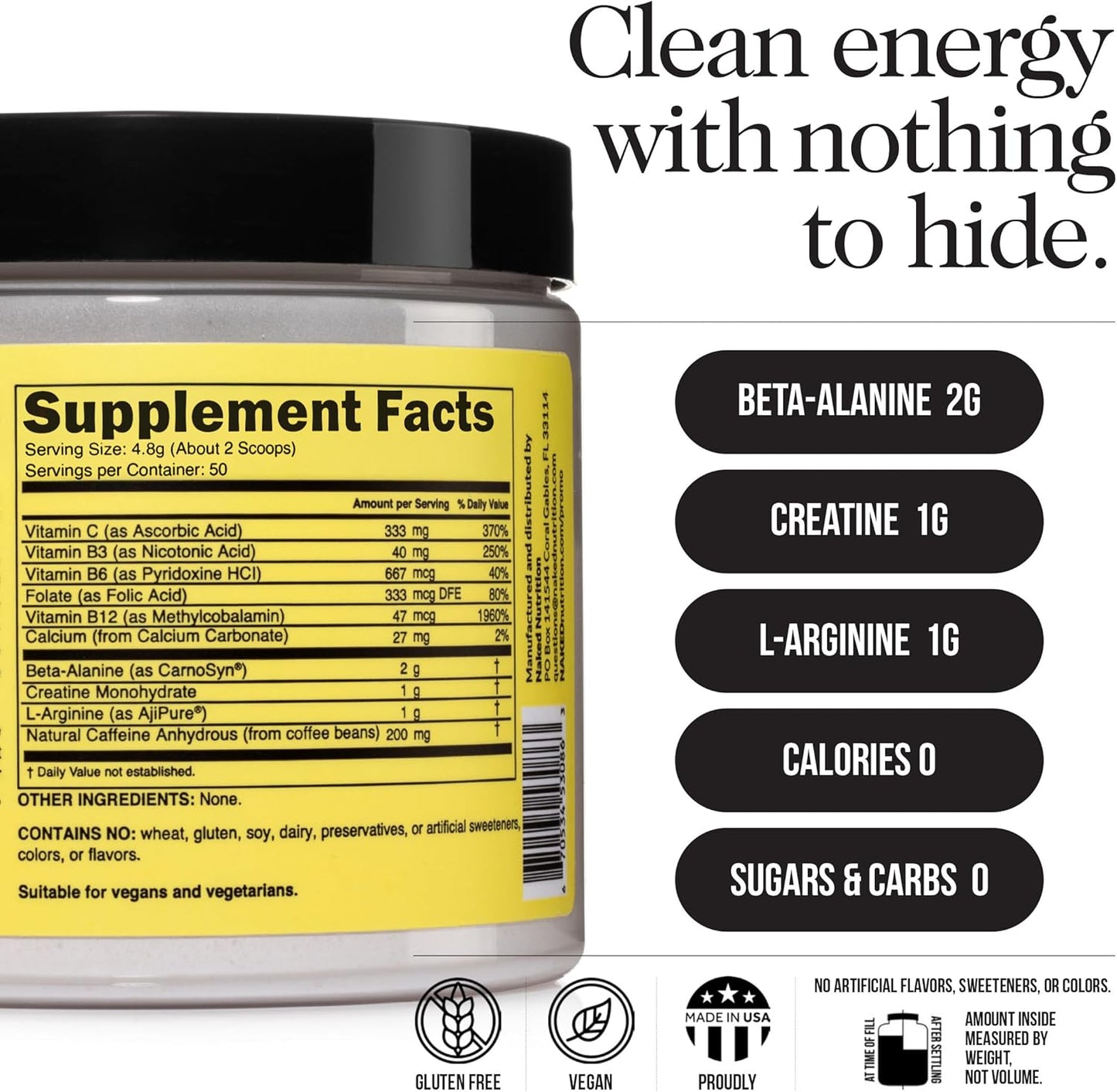 NAKED Energy - Pure Pre Workout Powder for Men and Women, Vegan, Unflavored, Healthy Pre Workout - No Added Sweeteners, Colors Or Flavors - 50 Servings