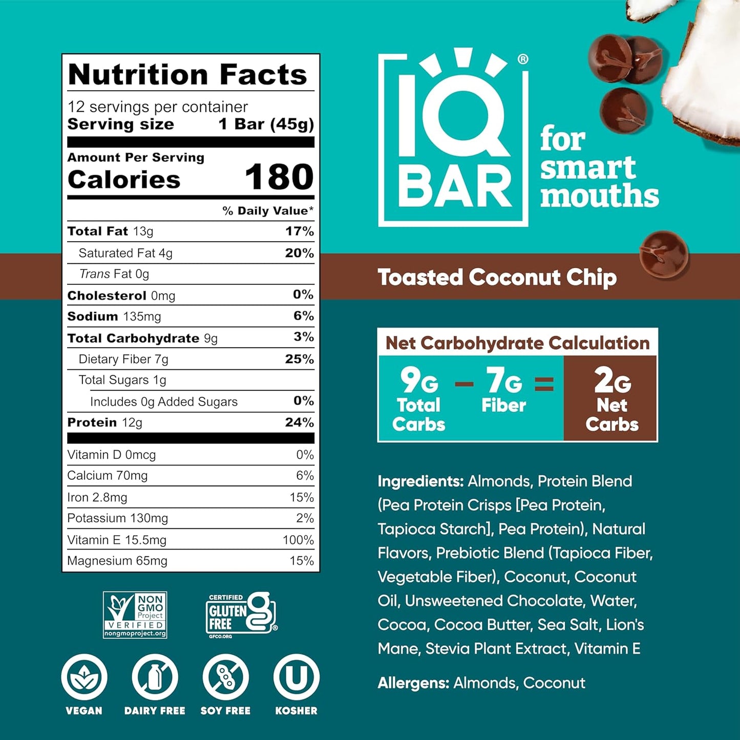 IQBAR Brain and Body Plant Protein Bars - Toasted Coconut Chip - 24-Count Low Carb - Gluten Free, High Fiber, Vegan Snacks - Low Sugar Meal Replacement