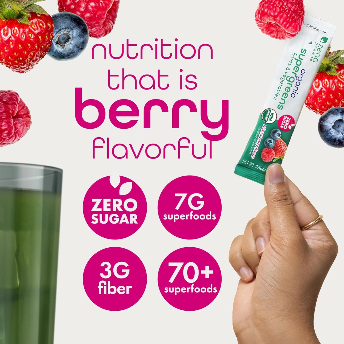 Zena Nutrition Organic Super Greens Powder, 70+ Superfoods, 0 Sugar, 3G Fiber, Spirulina, Chlorella, Antioxidants, Prebiotics/Probiotics, Digestive Enzymes, Mixed Berry, 30 Drink Mix Packets