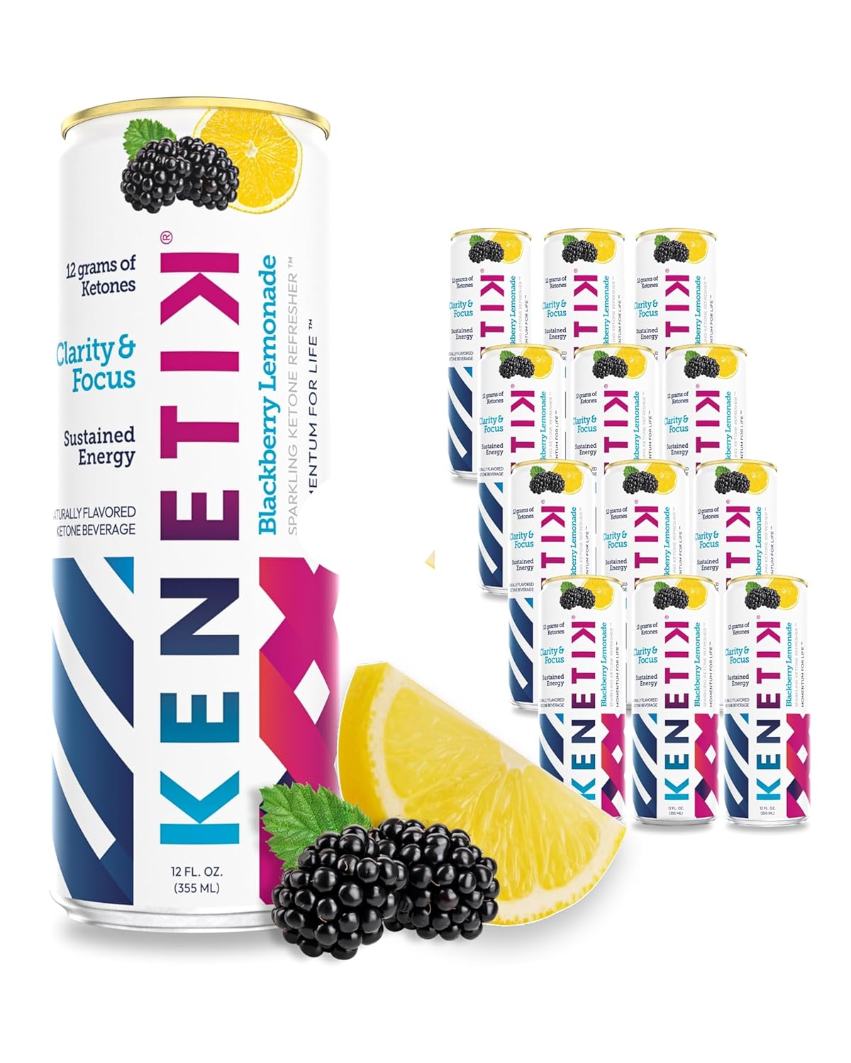 KENETIK Nootropic Ketone Drink, Ketones for Energy & Focus, Caffeine & Sugar Free, High Performance D-BHB Ketone Mix, Fuel w/Zero Crash or Jitters, Ready to Drink - Blackberry Lemonade 12 Pk