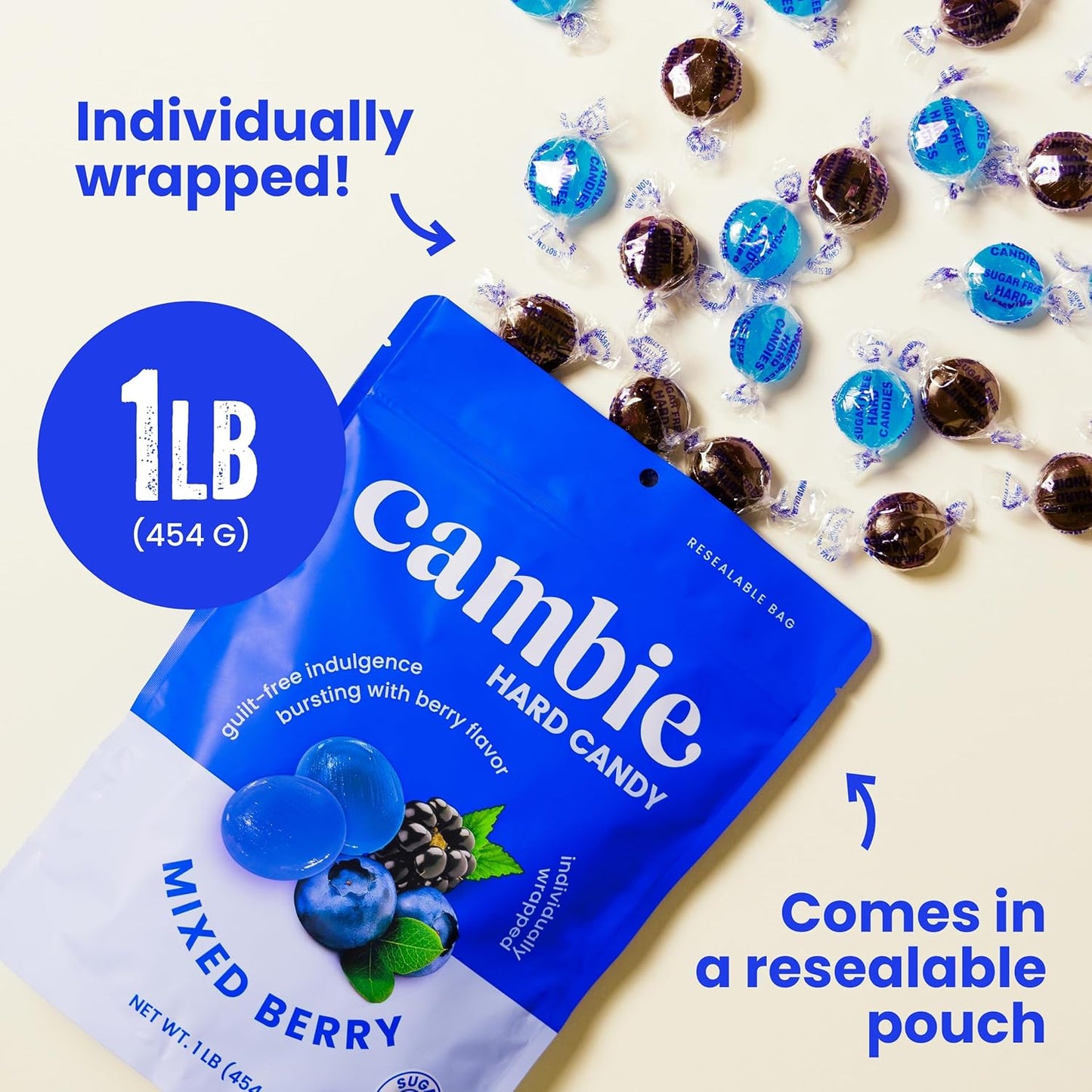 Cambie Sugar Free Mixed Berry Hard Candy - 1 Pound of Individually Wrapped Sugar Free Hard Candy, Berry Burst with Blueberry & Blackberry Flavor, Keto & Diabetic Friendly