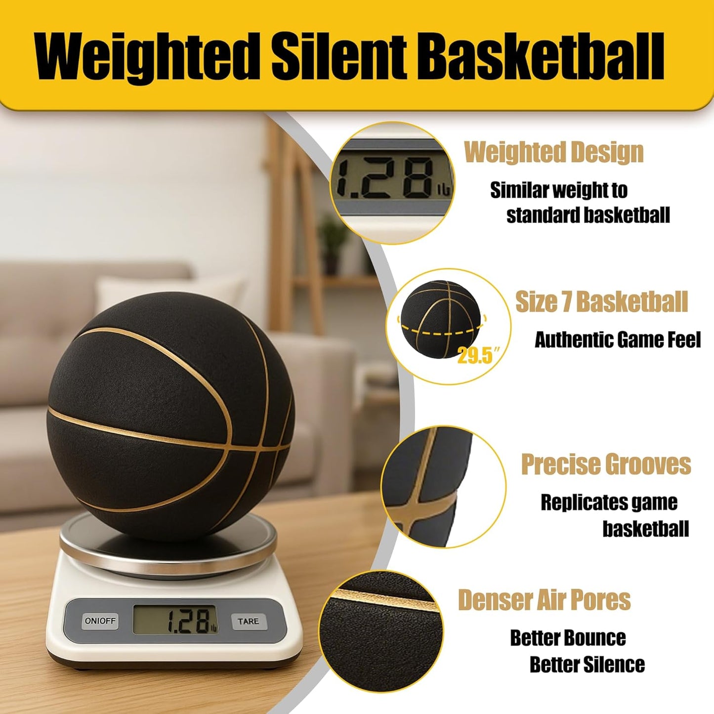 Real Basketball Weight, True Bounce 7 Size Silent Basketball with Grooves, Non-Compressed Shipping, Professional PU Foam Ball, Ideal for Indoor Practice and Training